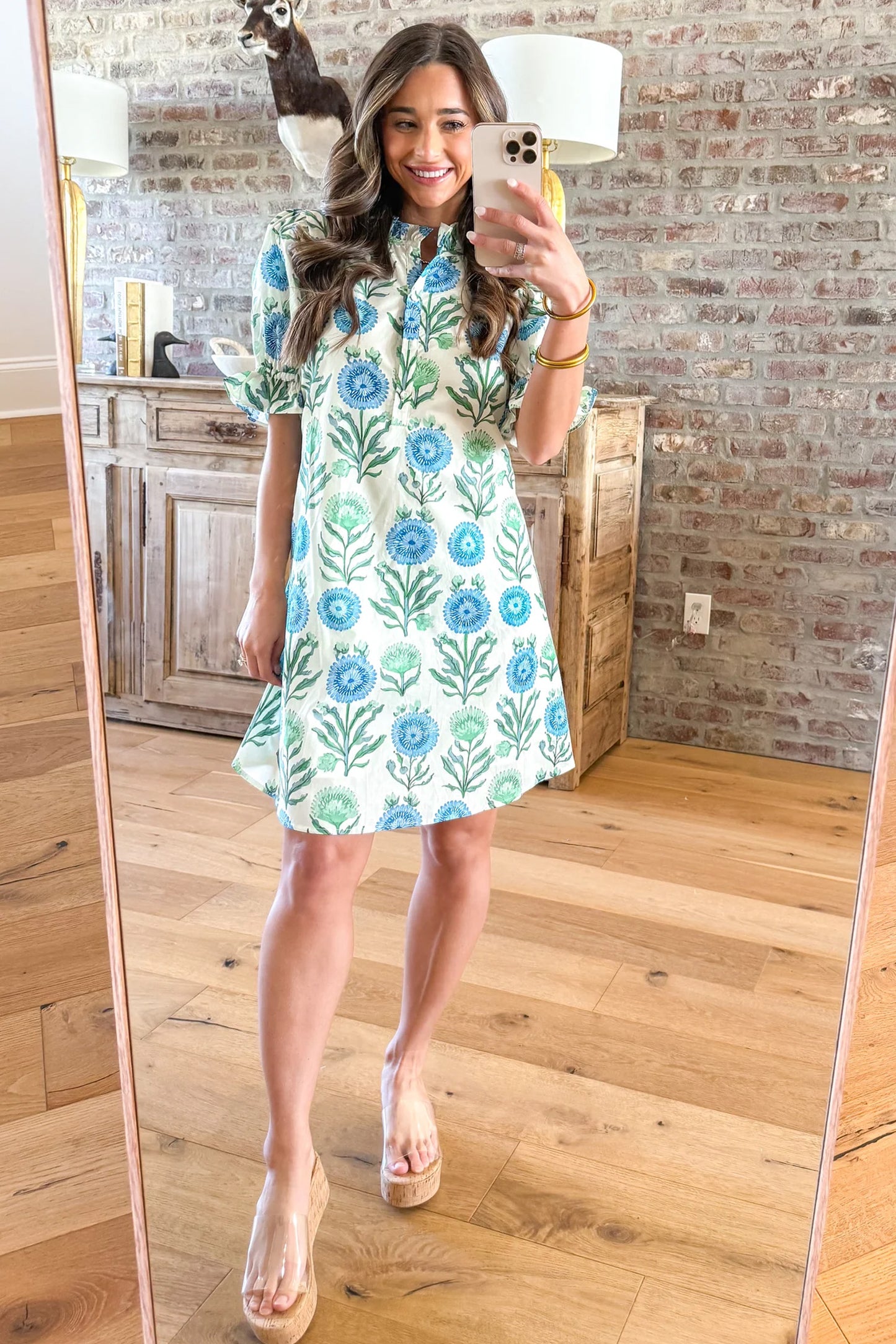 Floral Print Half Button Frilly Short Sleeve Dress