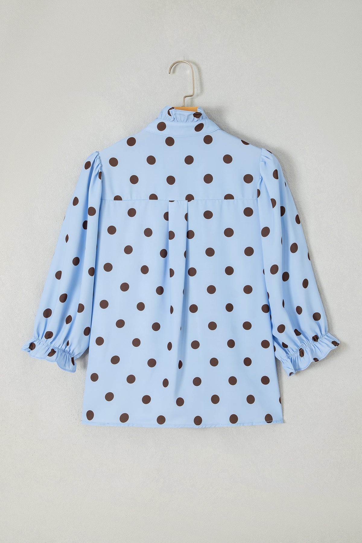 Polka Dot Striped Print Ruffle Stand Neck 3/4 Sleeve Shift Shirt