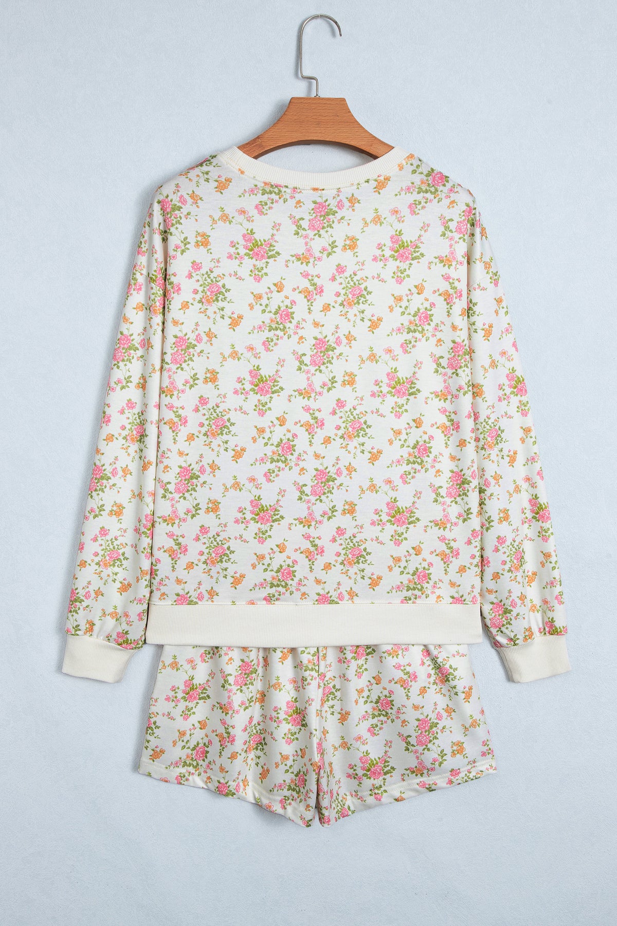 Floral Print Long Sleeve Shift Top Pocketed Shorts 2pcs Set