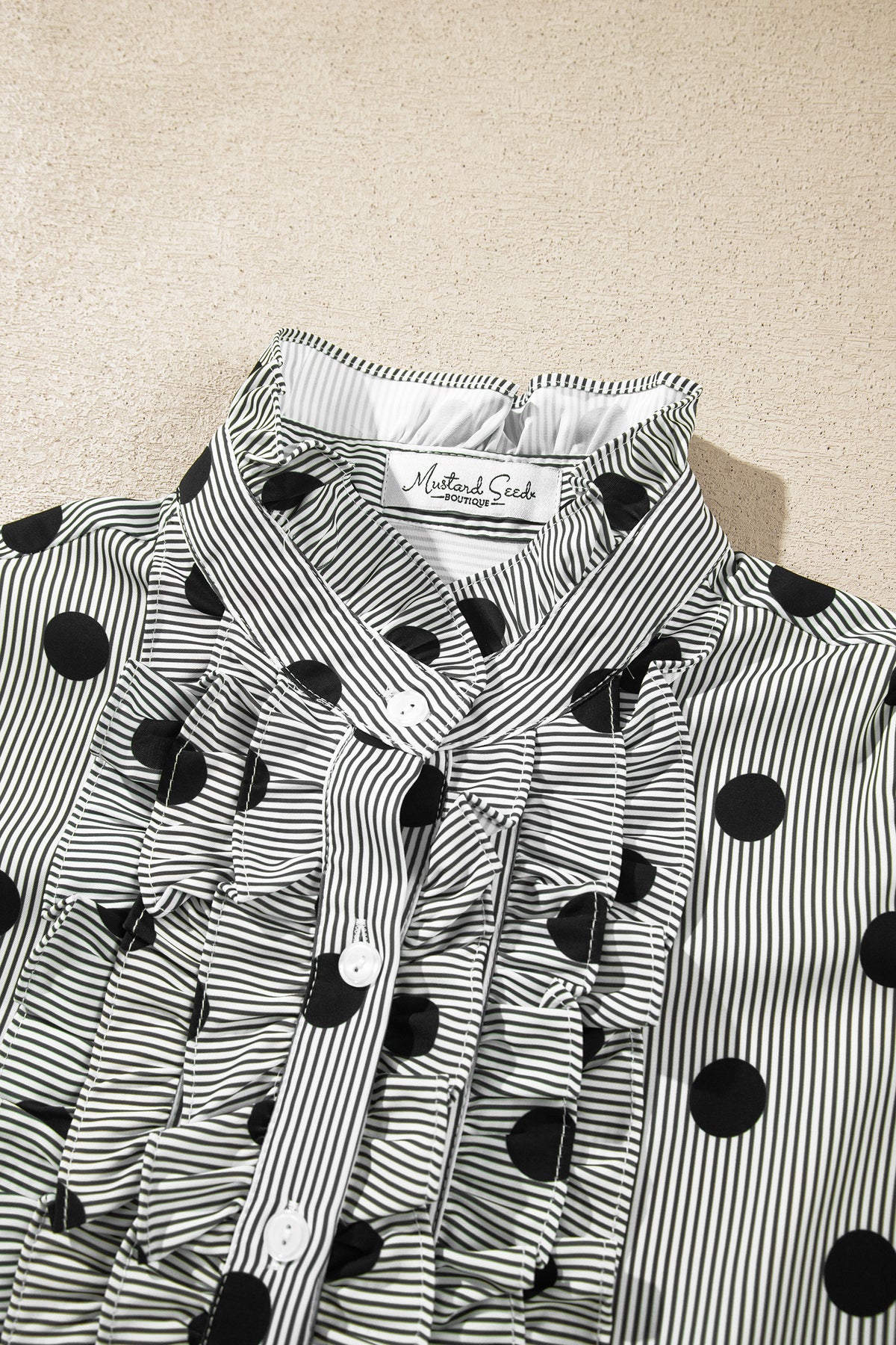 Polka Dot Striped Print Ruffle Stand Neck 3/4 Sleeve Shift Shirt