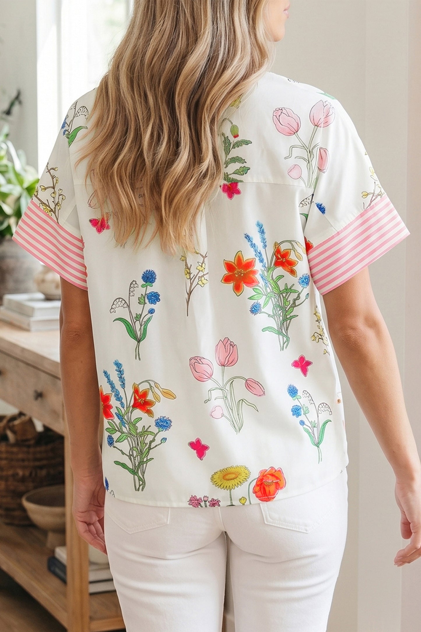Striped Patchwork Ruffled Collar Short Sleeve Shirt