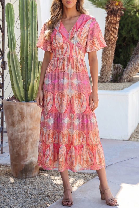 Paisley Print V-Neck Short Sleeve Boho Maxi Dress with Ruffle Details