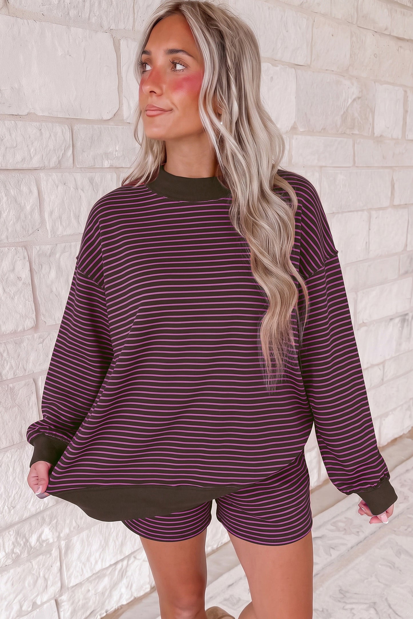 Stripe Ribbed Patchwork Mock Neck Baggy Pullover Matching Shorts Set