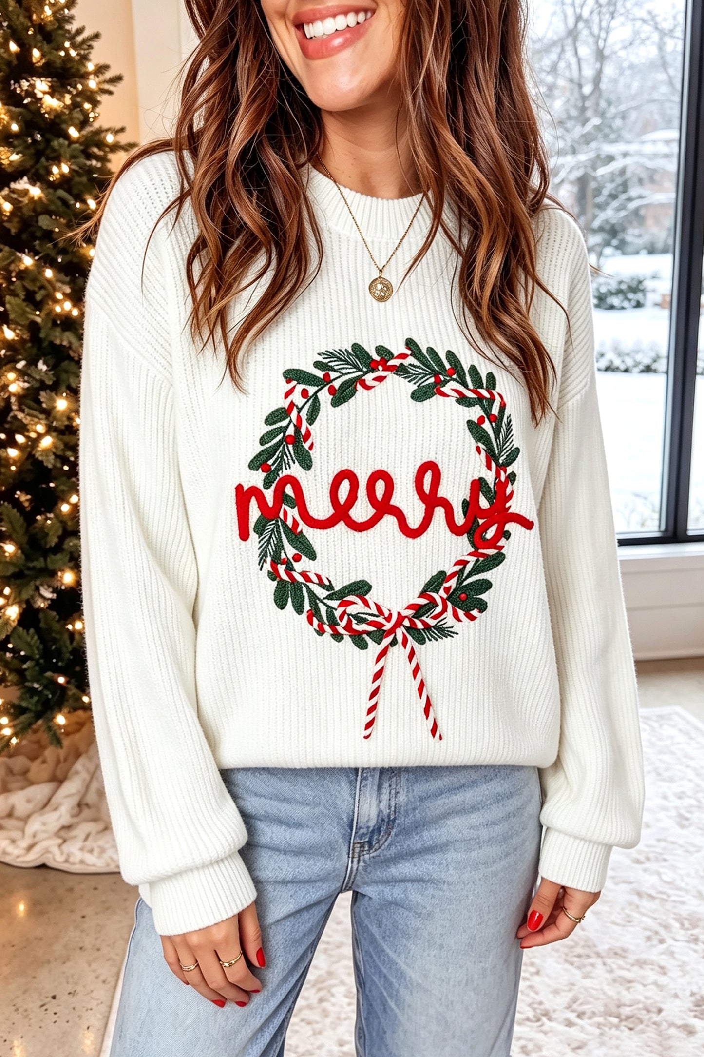 Christmas Wreath Pattern Round Neck Casual Sweater