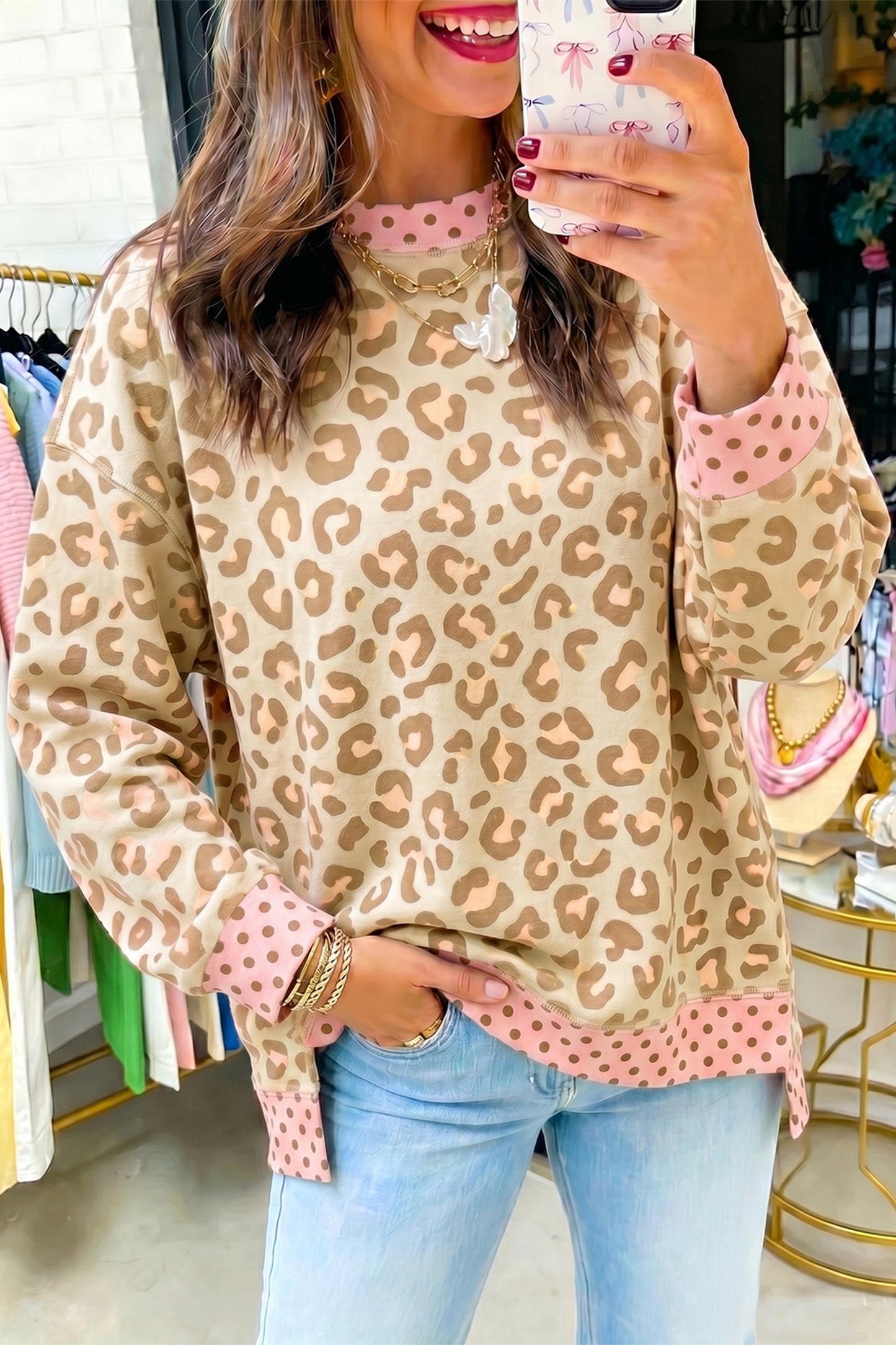 Leopard Polka Dot Colorblock Trim Long Sleeve Top