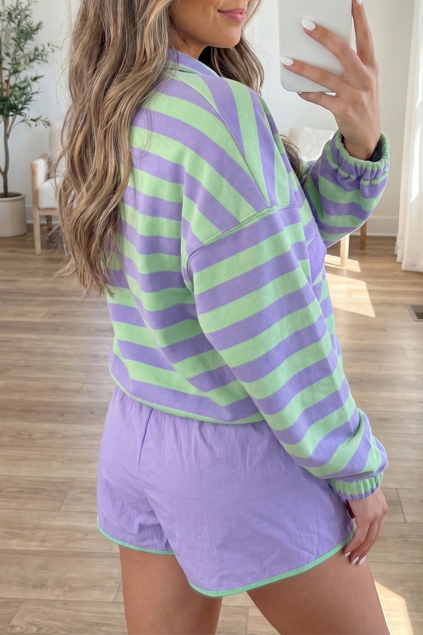 Stripe Half Button Long Sleeve Top Mix and Match Shorts 2pcs Set