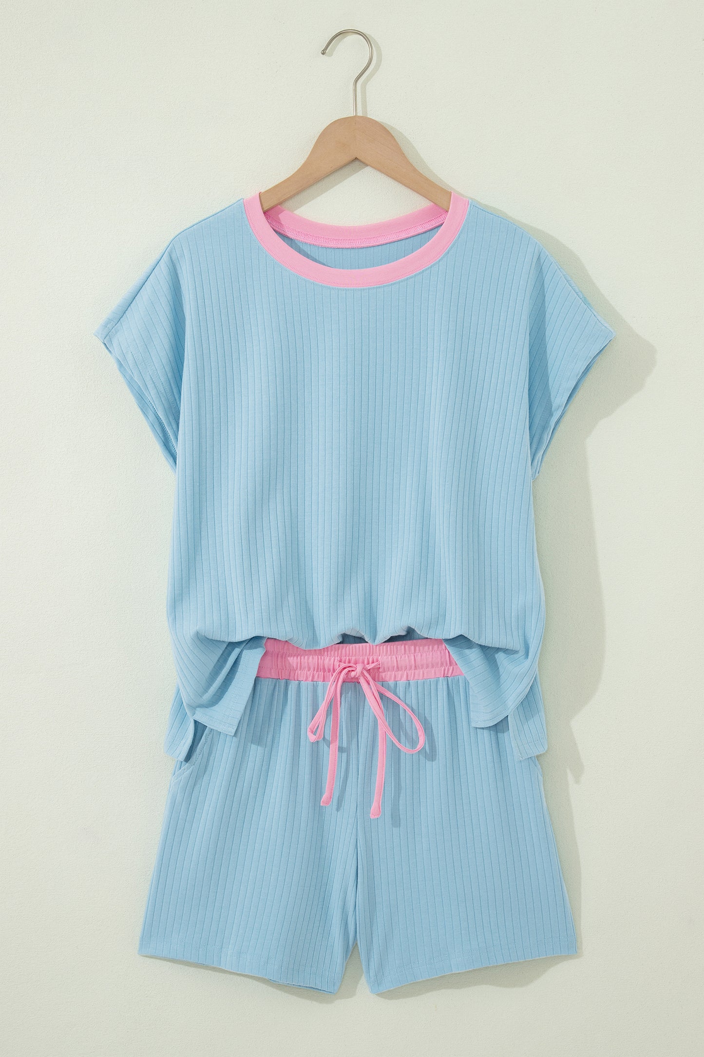 Ribbed Color Block Trim Casual Short Set