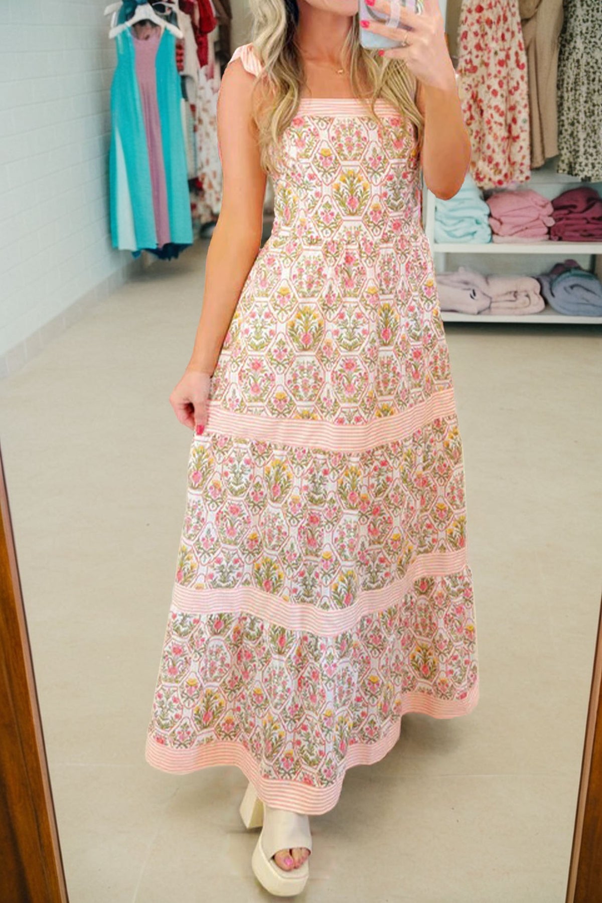 Geometric Floral Print Striped Patchwork Detail Sleeveless Dress（Runs Small ）