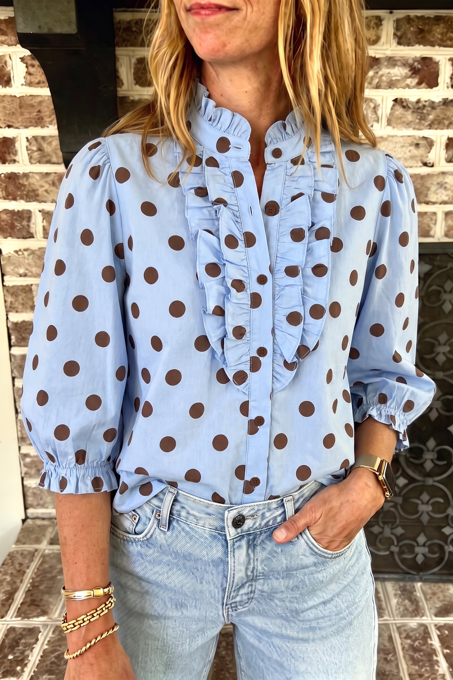 Polka Dot Striped Print Ruffle Stand Neck 3/4 Sleeve Shift Shirt