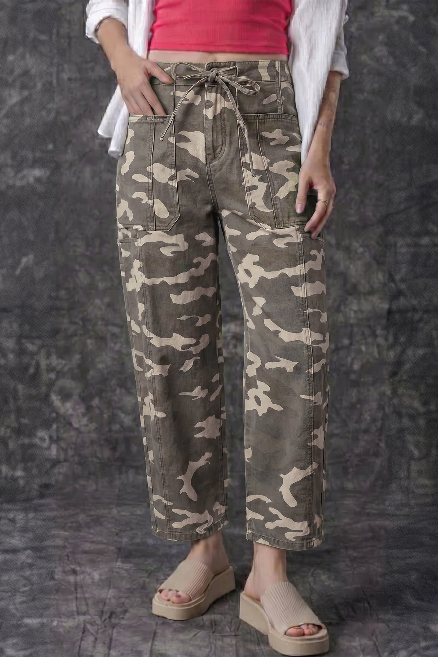 Leopard Printed Drawstring Elastic Waistband Pocketed Barrel Jeans