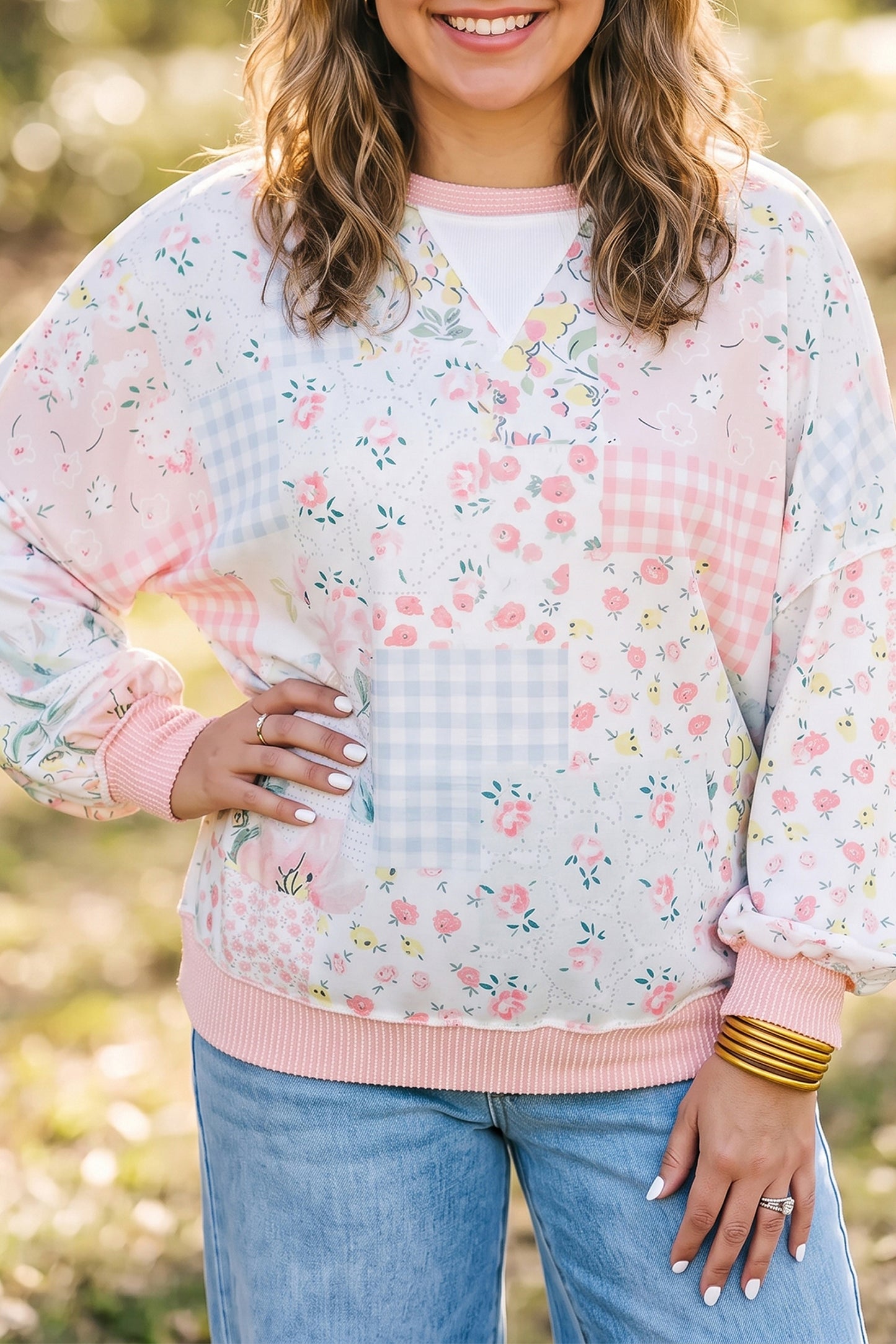 Patchwork Floral Print Long Sleeve Tunic Plus Size Blouse