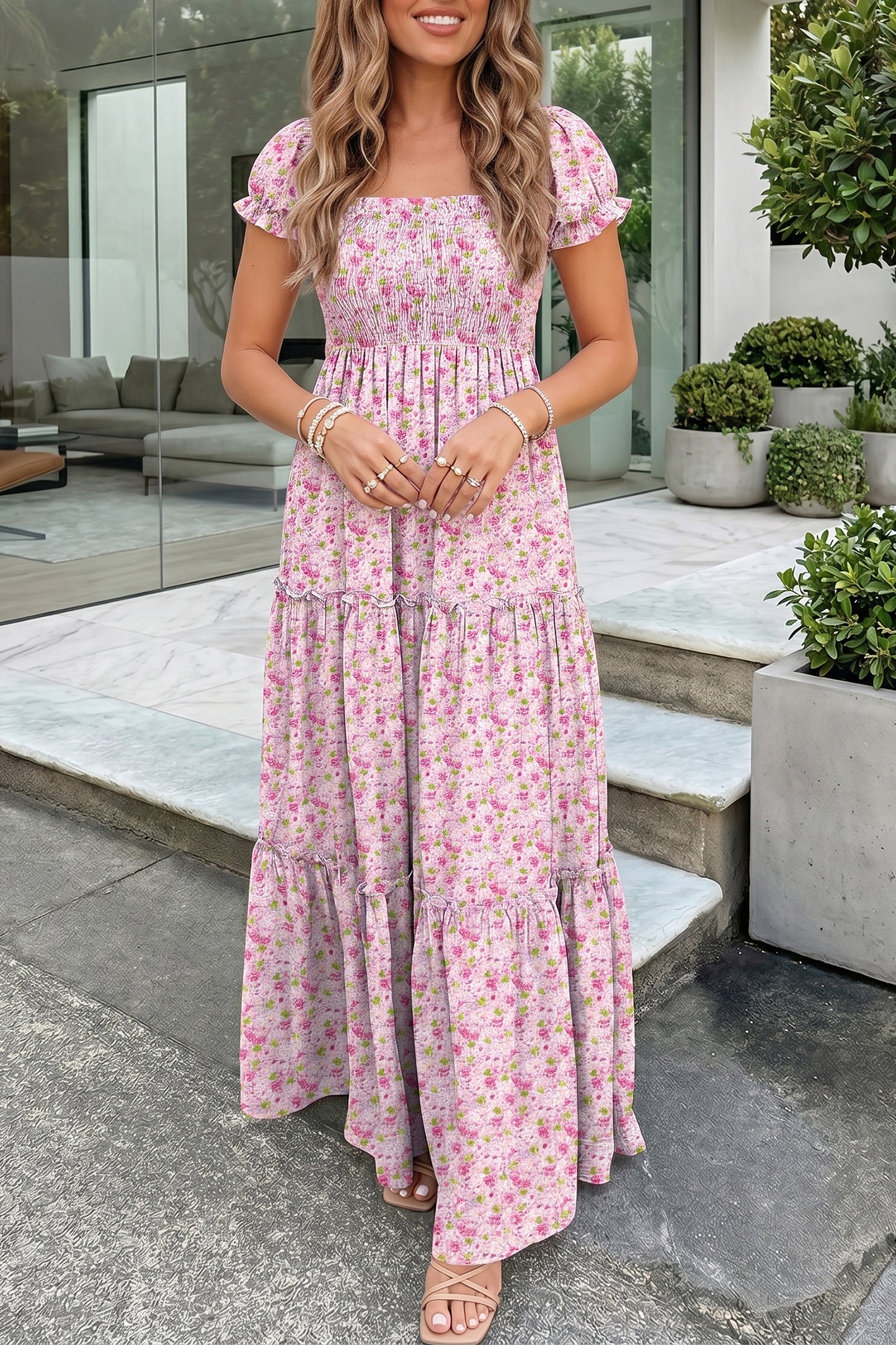 Floral Short Bubble Sleeve Shirred High Waist Maxi Dress