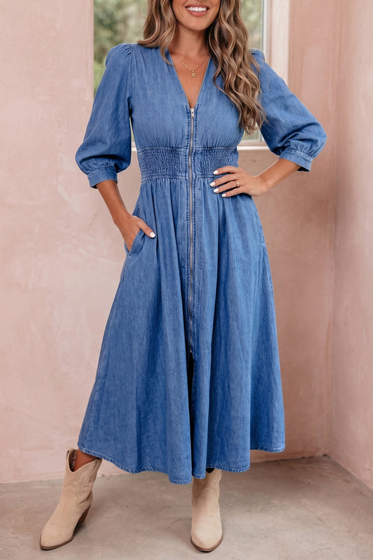 V Neck Shirred Waist Metal Zipper Denim Midi Dress