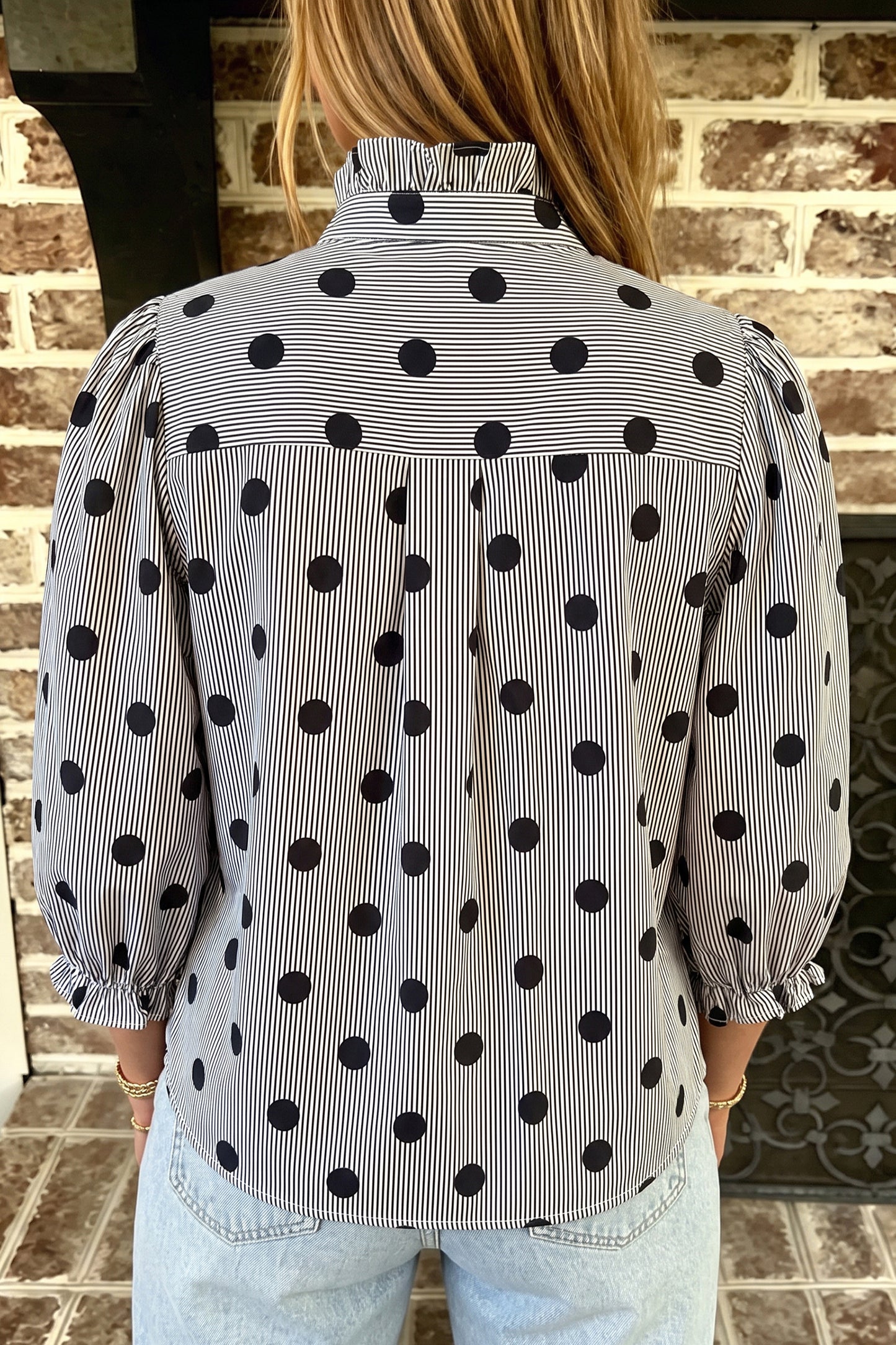 Polka Dot Striped Print Ruffle Stand Neck 3/4 Sleeve Shift Shirt
