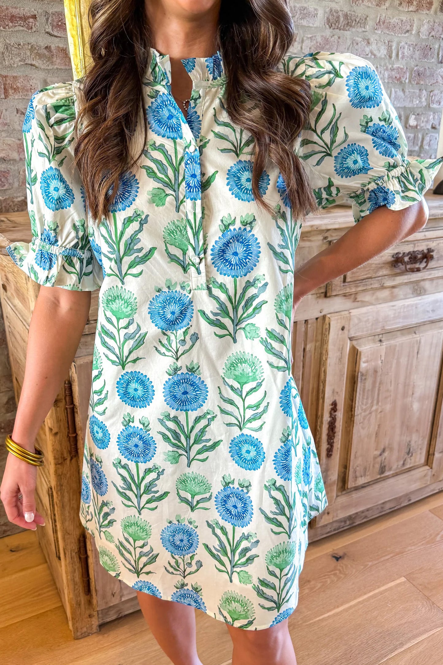 Floral Print Half Button Frilly Short Sleeve Dress