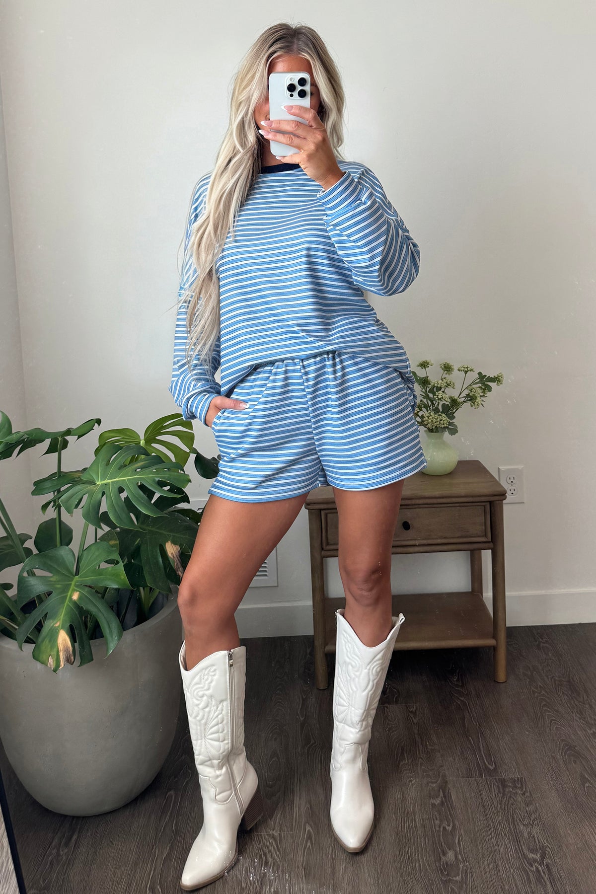 Stripe Long Sleeve Oversized Top Pocketed Casual Shorts Two Piece Set