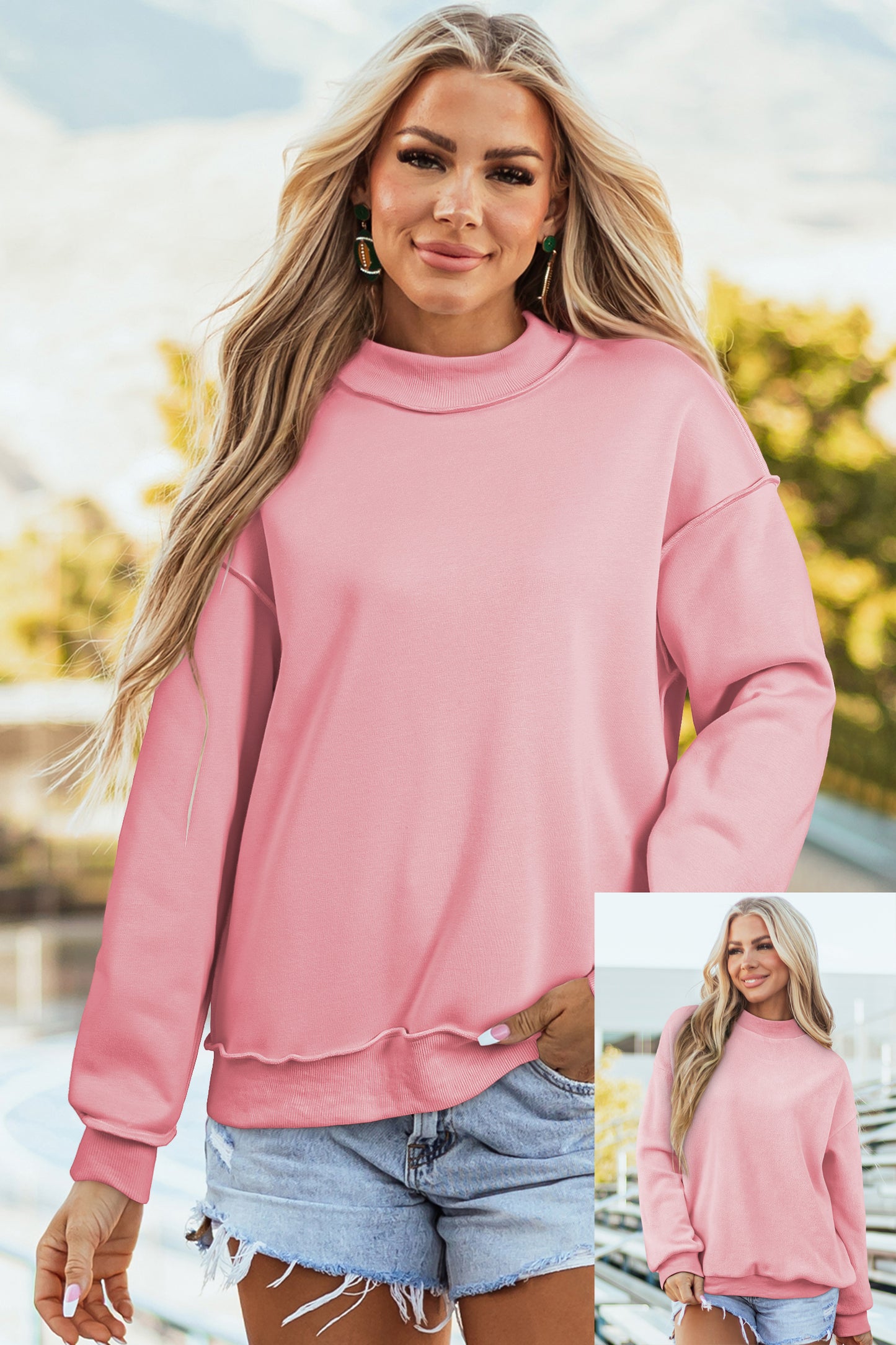 Oversize Drop Shoulder Reversible Mock Neck Sweatshirt