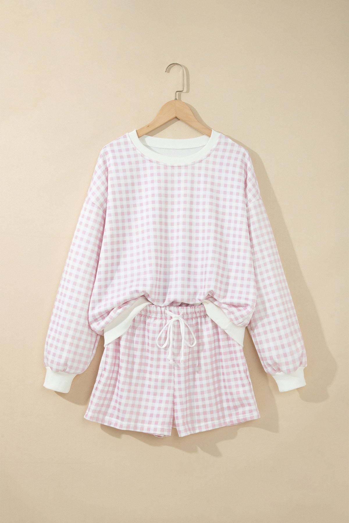 Plaid Baggy Pullover Drawstring Casual Shorts 2pcs Outfit