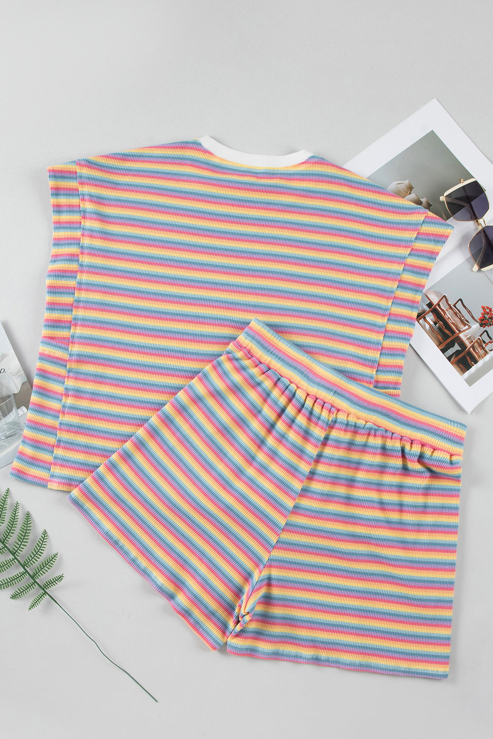Stripe Crew Neck Shorts Set - Pink