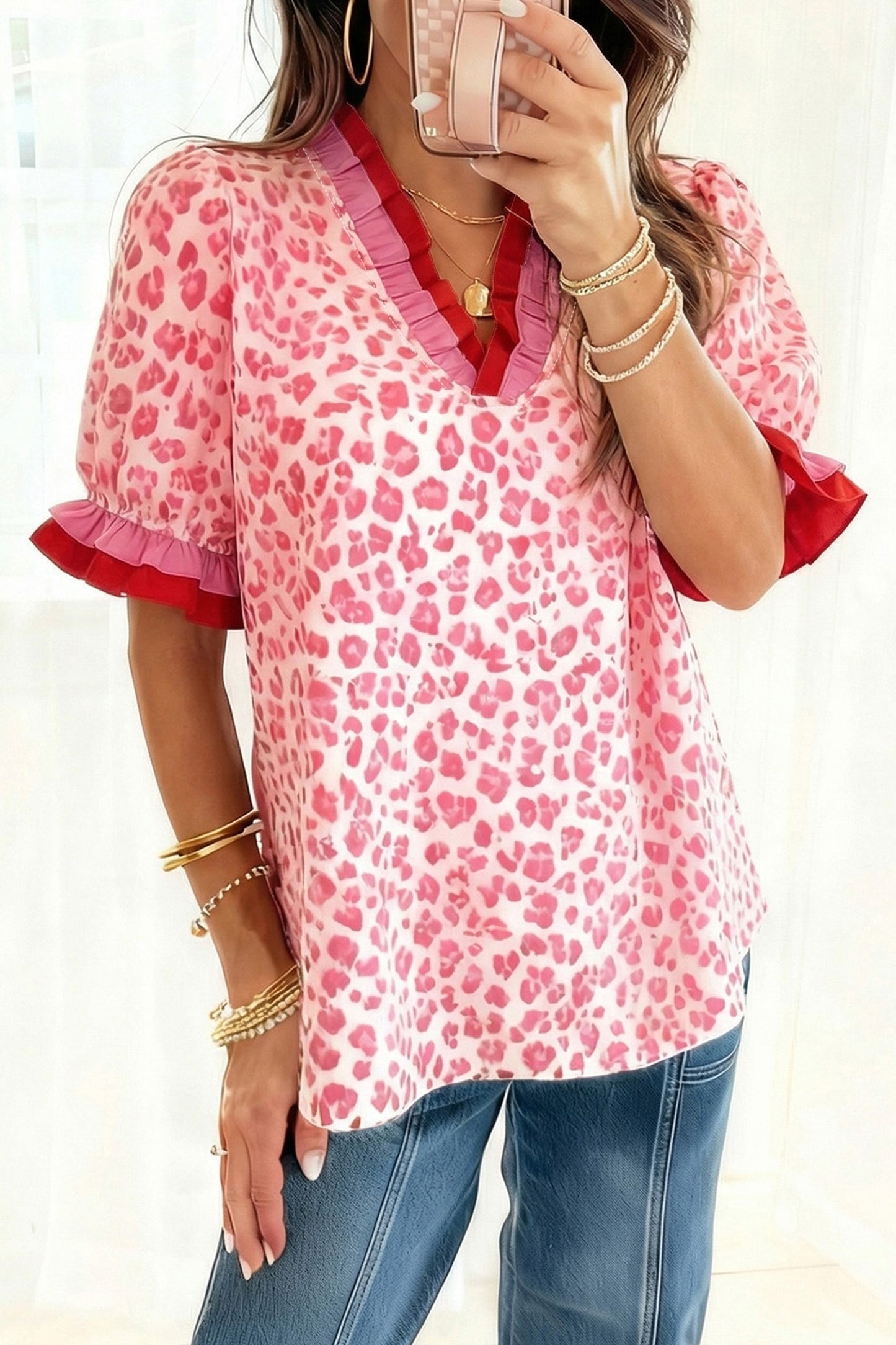 Stripe Ruffled Trim V Neck Leopard Print Short Sleeve Blouse