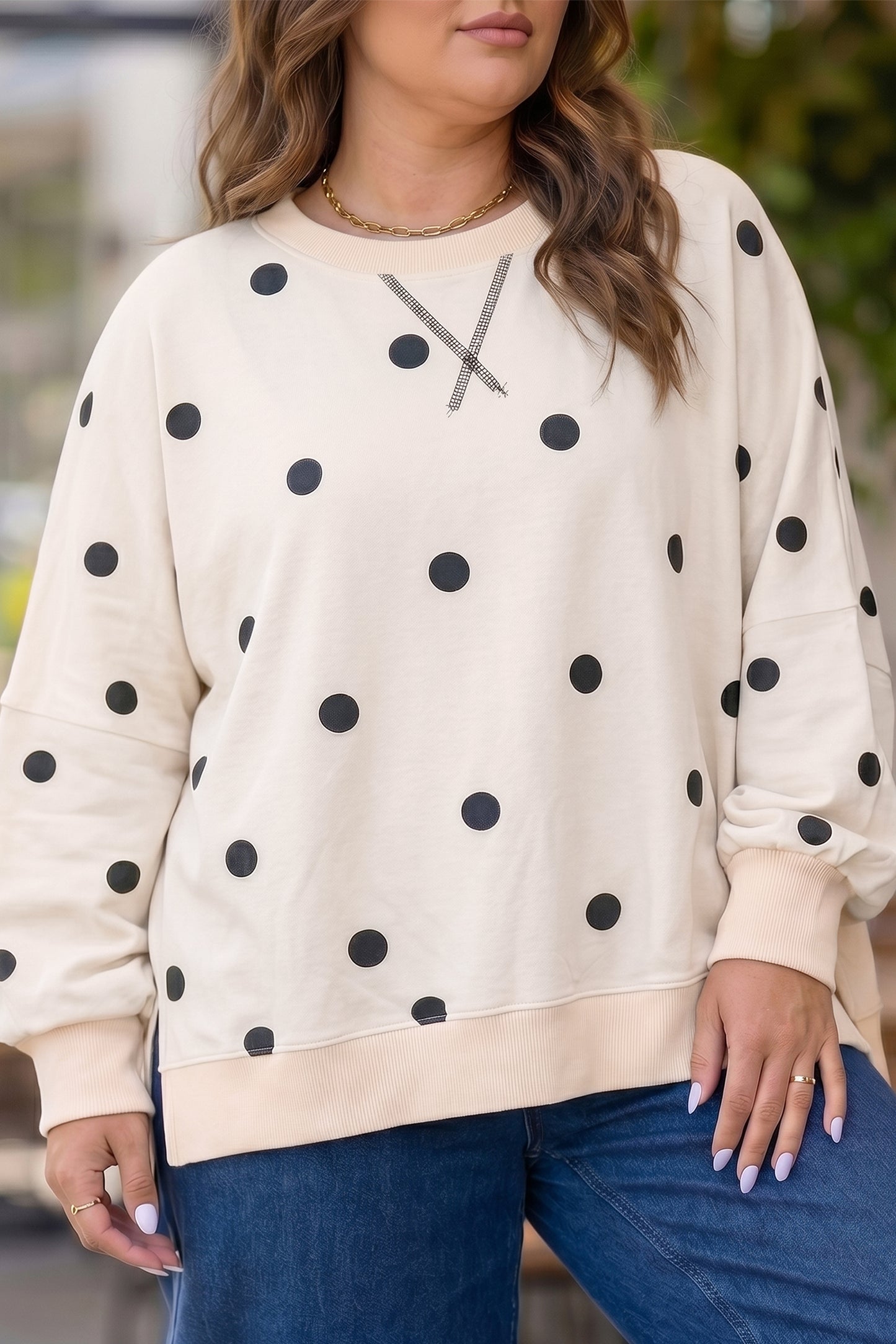 Long Sleeve Polka Dot Plus Size Top