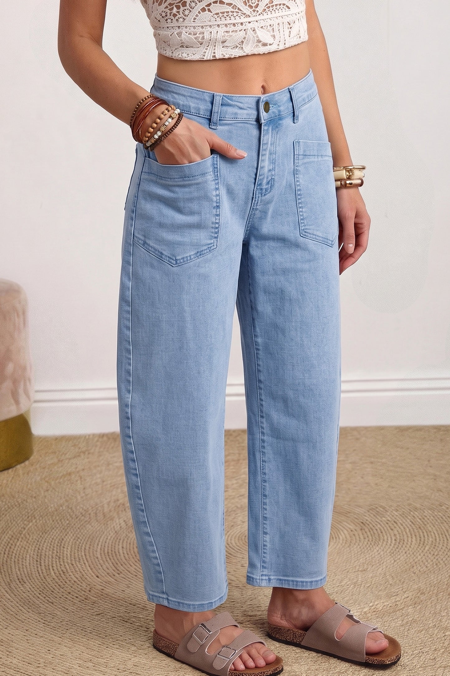 Square Patch Pocket Ankle-length Barrel Jeans