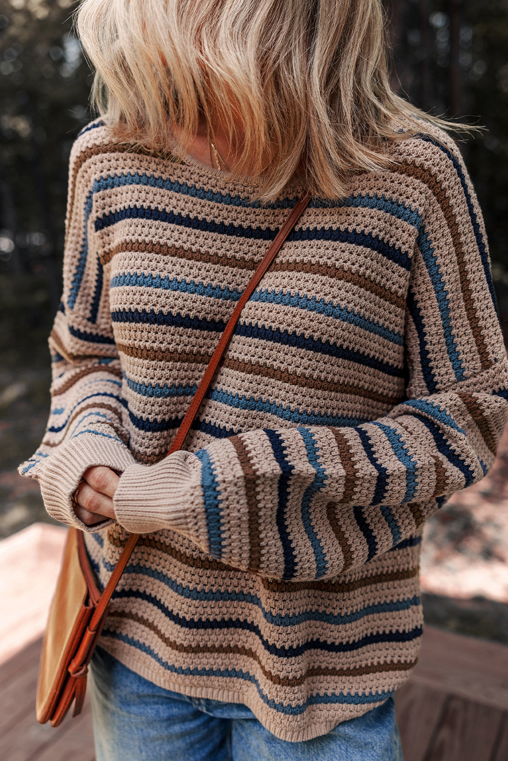 Striped Knitted Drop Shoulder Round Neck Sweater