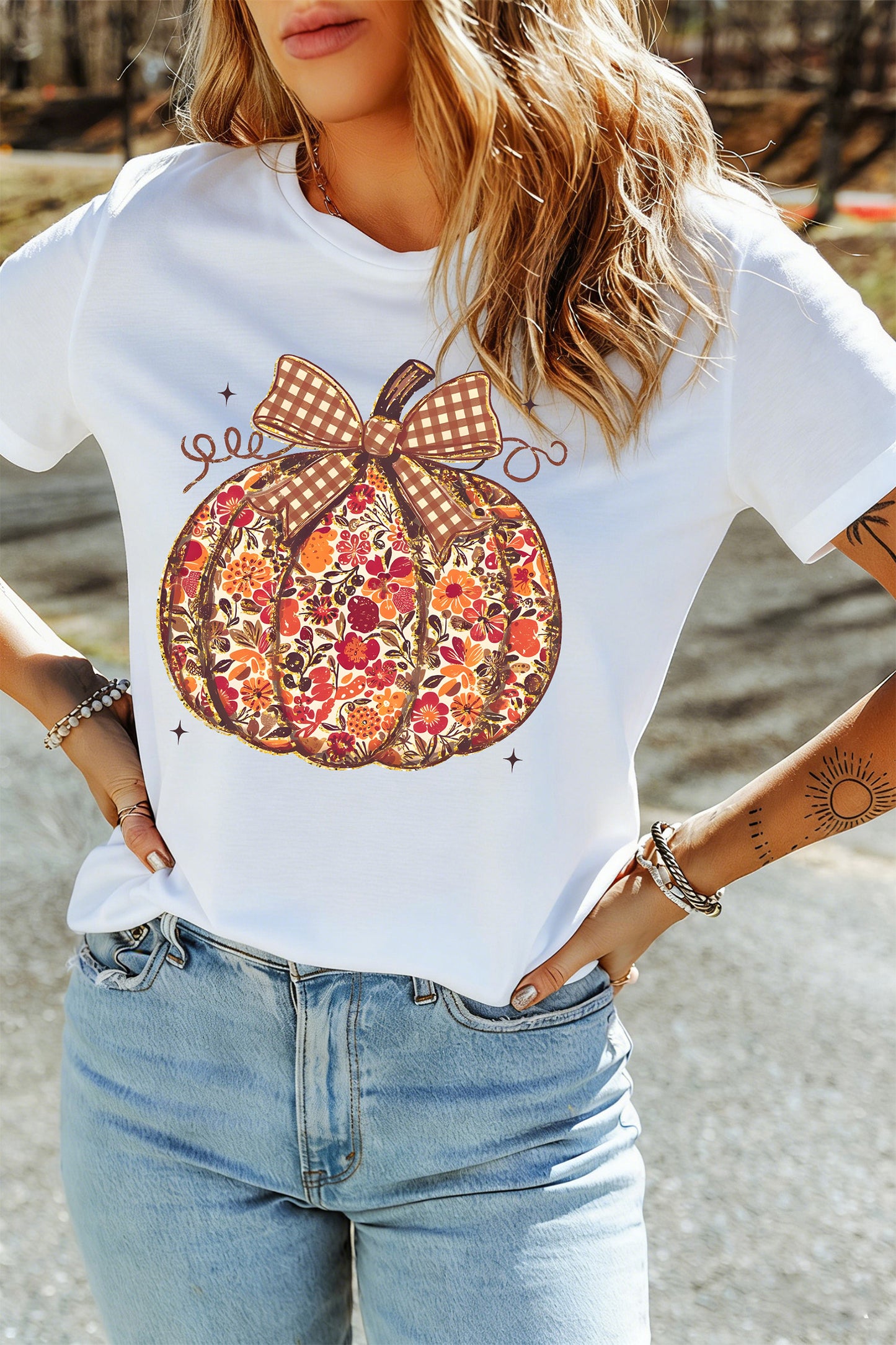 Floral Pumpkin Print Round Neck Short Sleeve T-Shirt