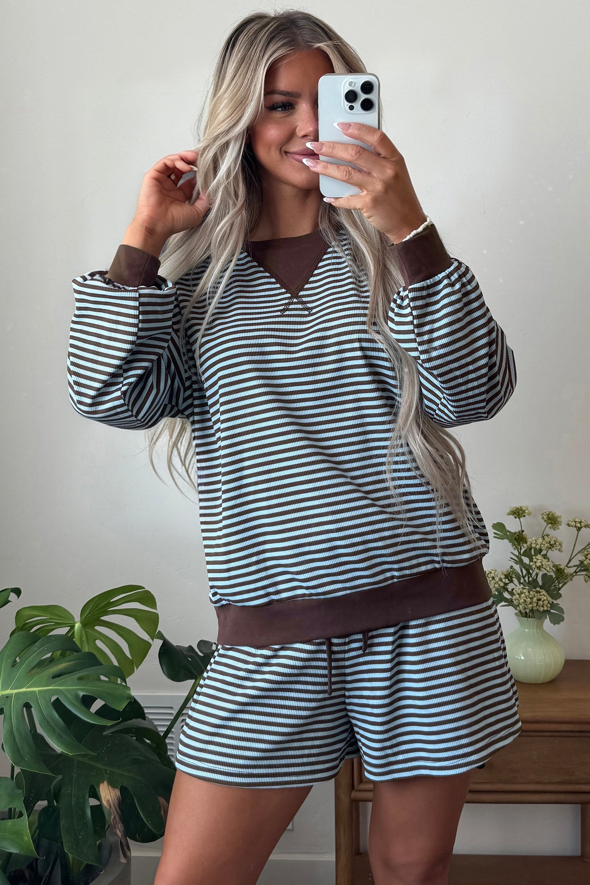 Stripe Oversized Long Sleeve Top Drawstring Loose Shorts 2pcs Set
