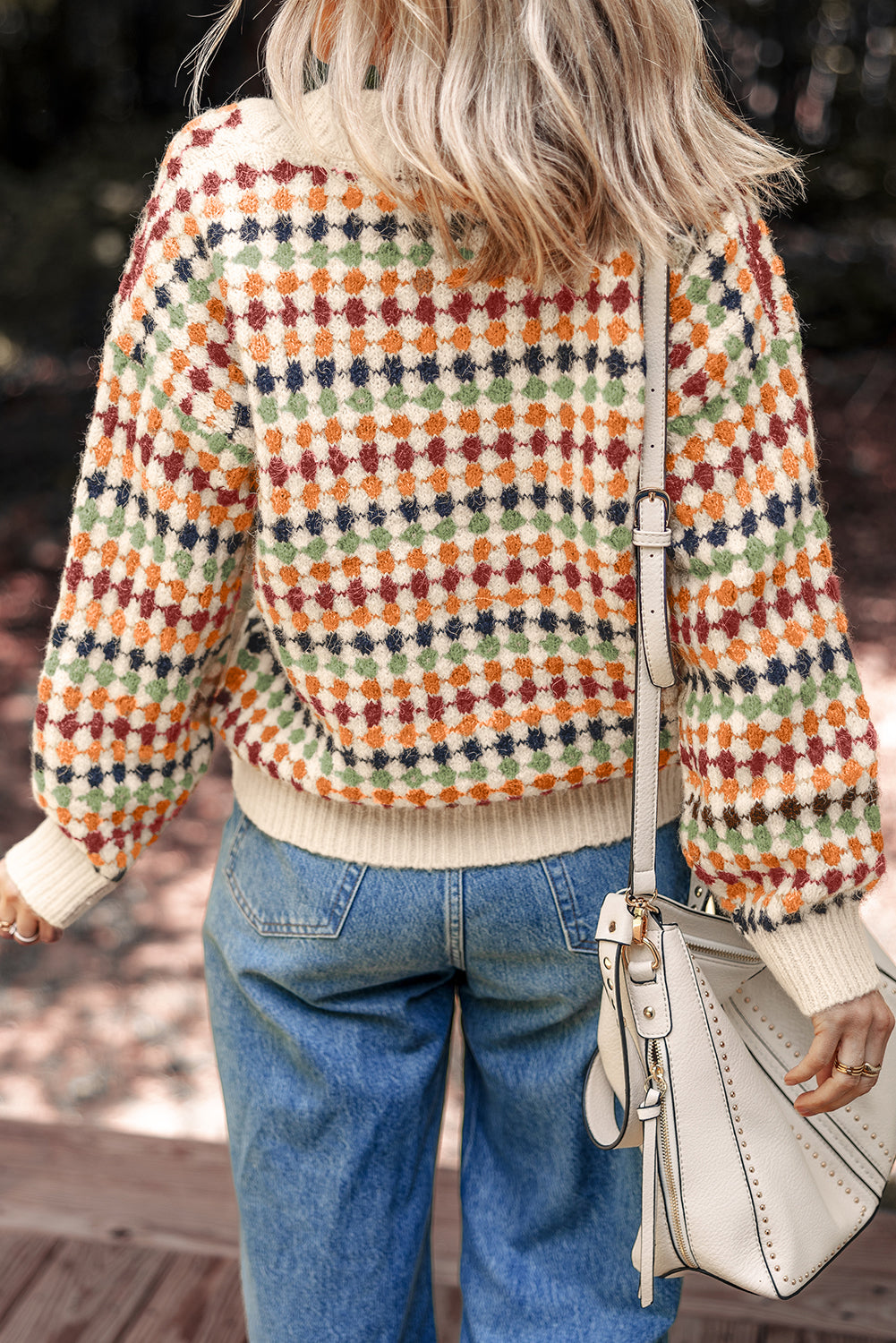 Dotty Pattern Knit Button Front V Neck Sweater Cardigan