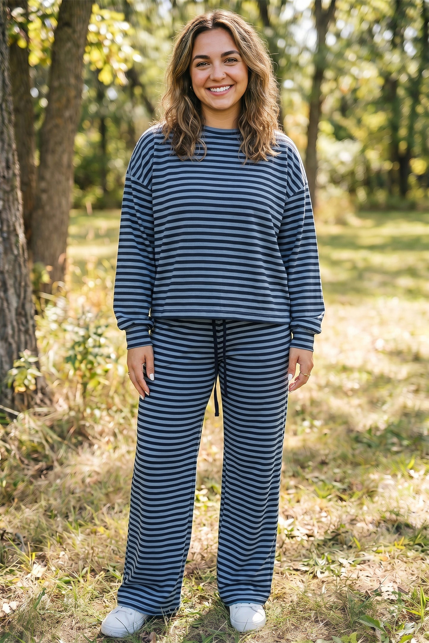 Stripe Long Sleeve Drawstring Waist Plus Size Lounge Pants Set