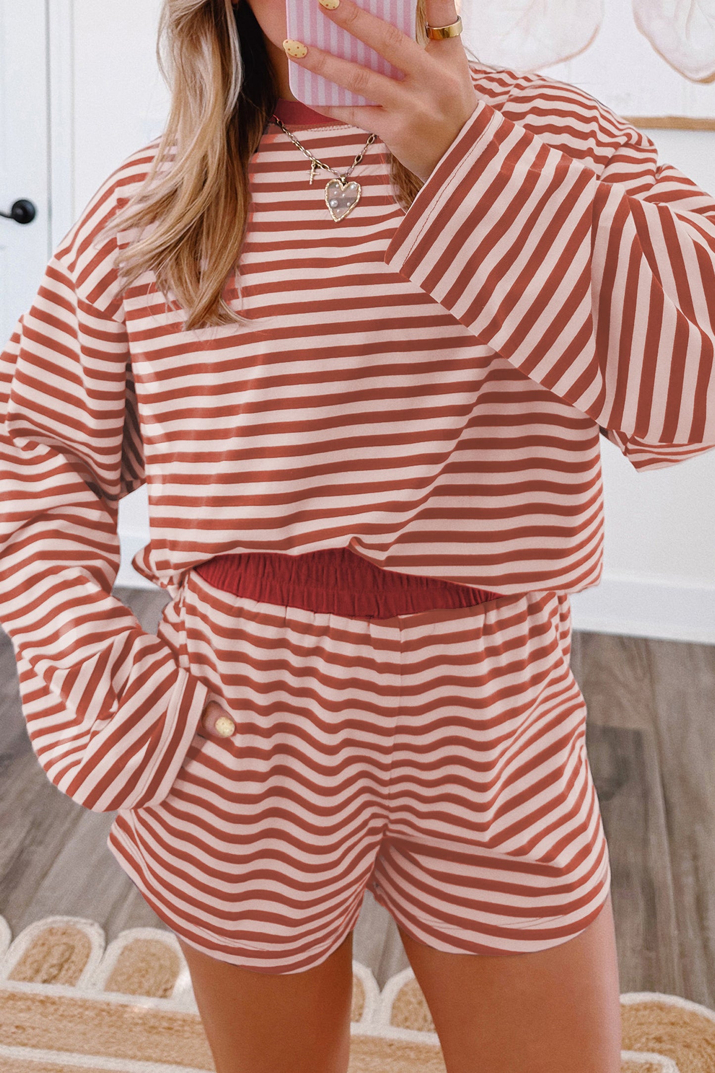 Stripe Relaxed Long Sleeve Top Contrast Elastic Waistband Short Set