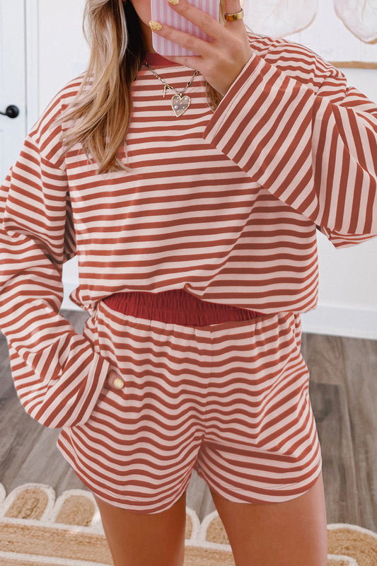 Stripe Relaxed Long Sleeve Top Contrast Elastic Waistband Short Set