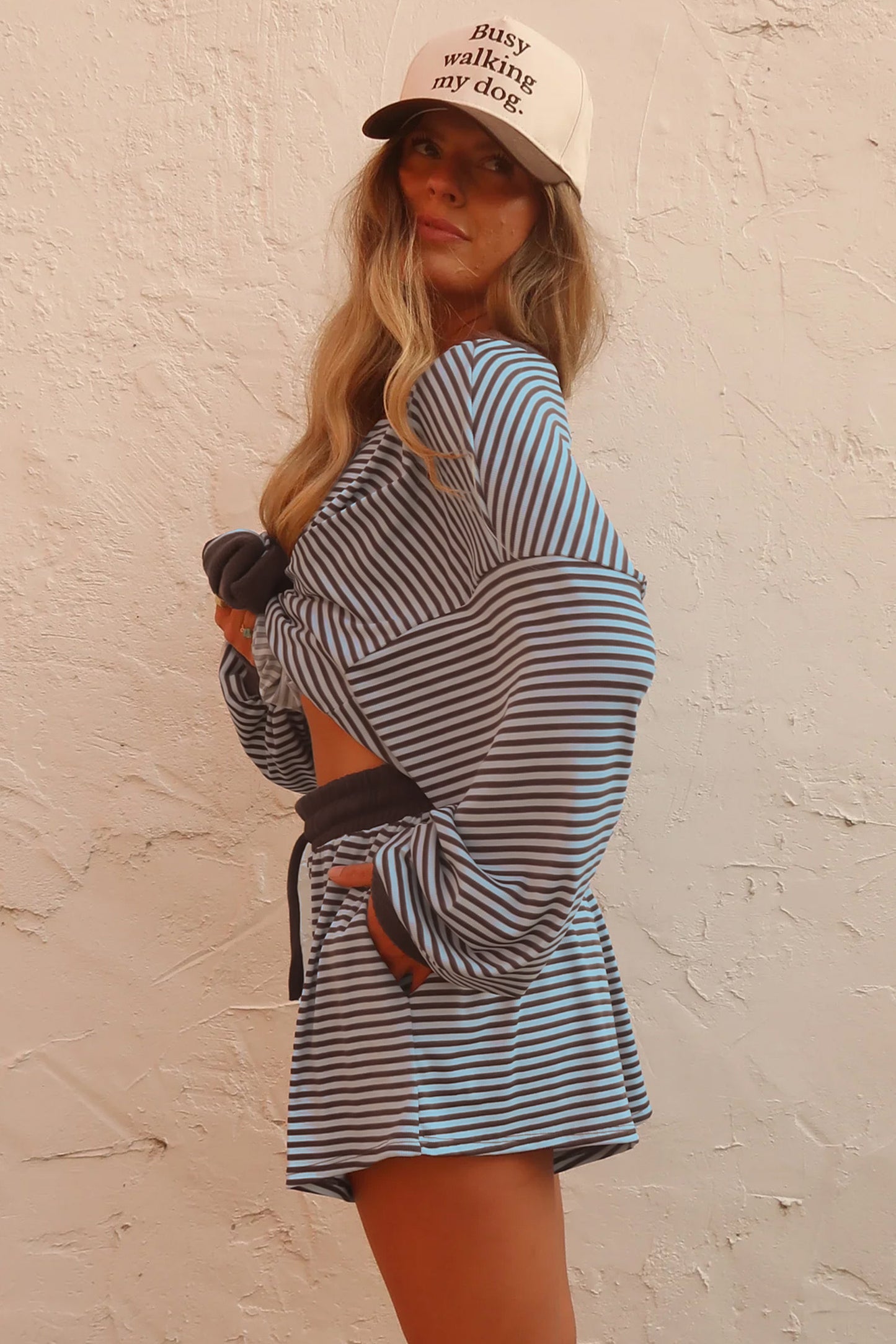 Stripe Oversized Long Sleeve Top Drawstring Loose Shorts 2pcs Set