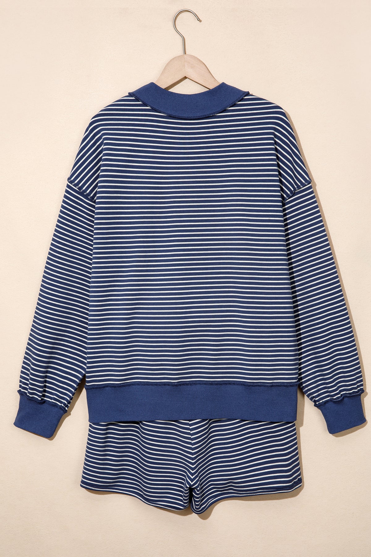 Stripe Ribbed Patchwork Mock Neck Baggy Pullover Matching Shorts Set