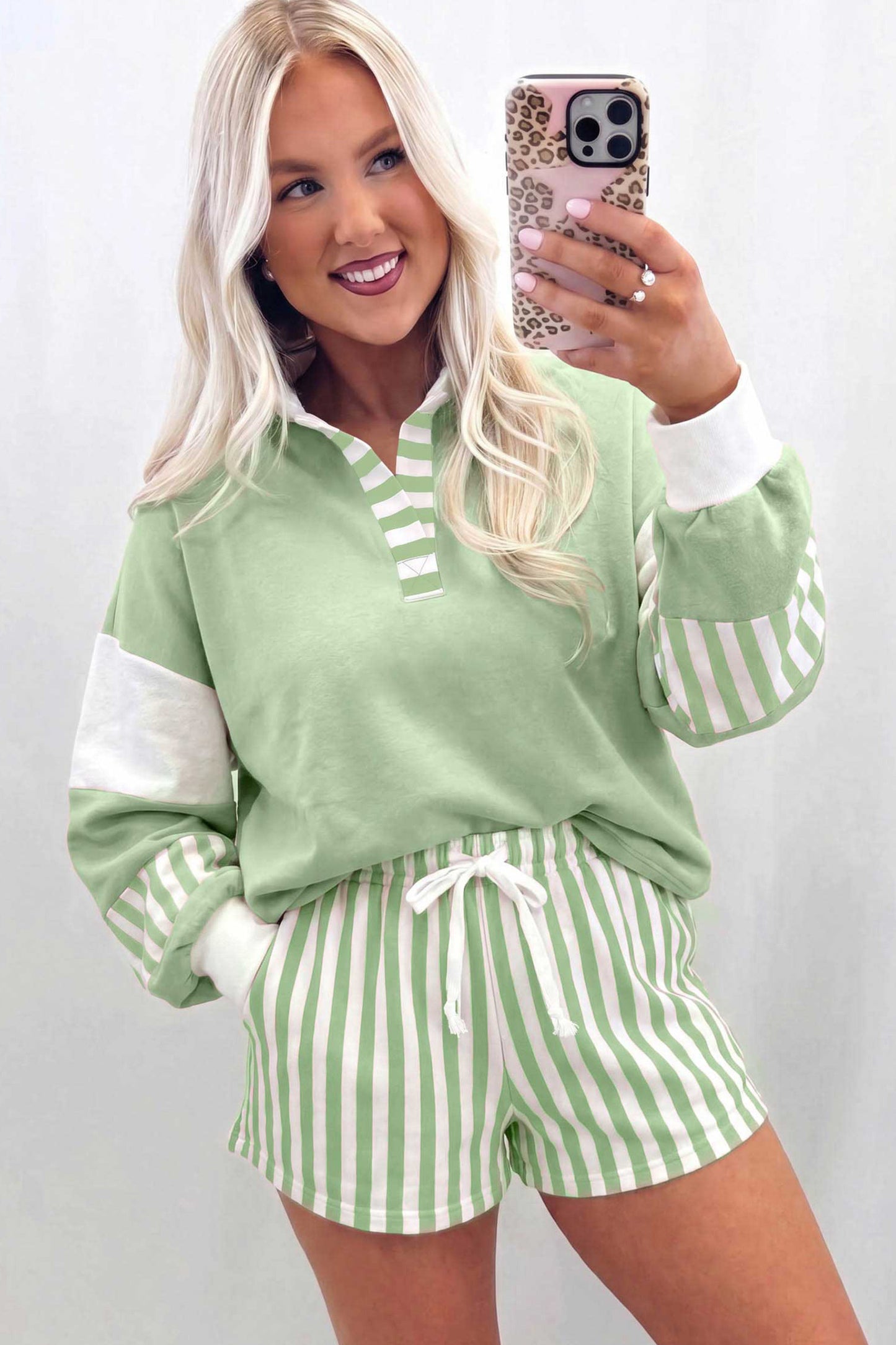 Striped Color Block Pullover Top Drawstring Shorts Set