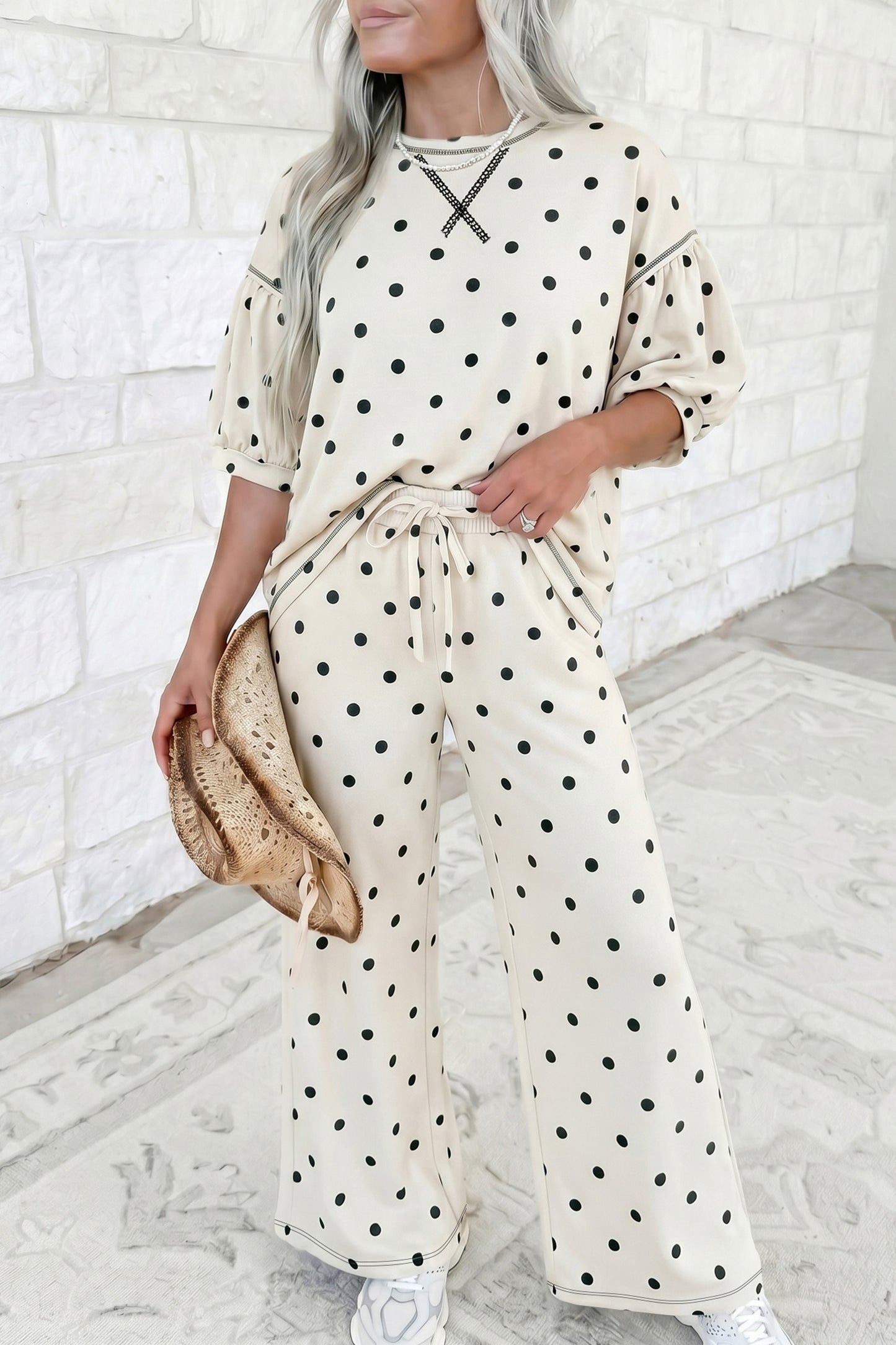 Polka Dot Half Sleeve Loose Top Elastic Waist Casual Pants Set