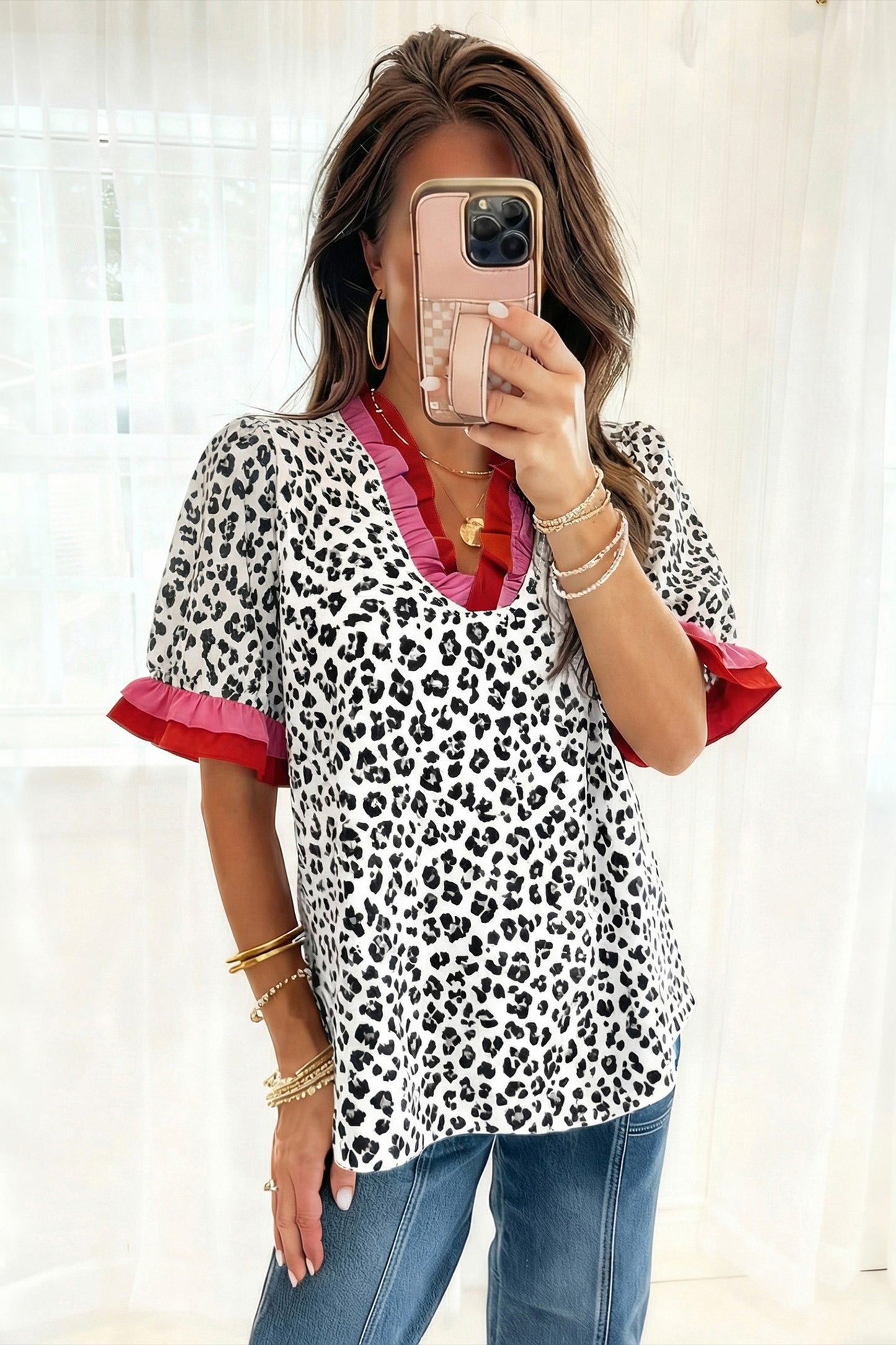 Stripe Ruffled Trim V Neck Leopard Print Short Sleeve Blouse