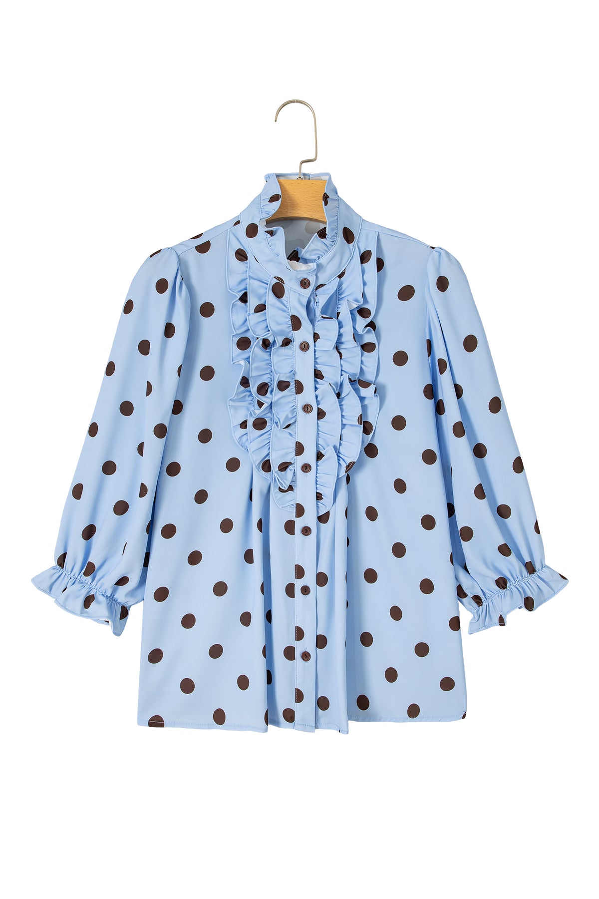 Polka Dot Striped Print Ruffle Stand Neck 3/4 Sleeve Shift Shirt