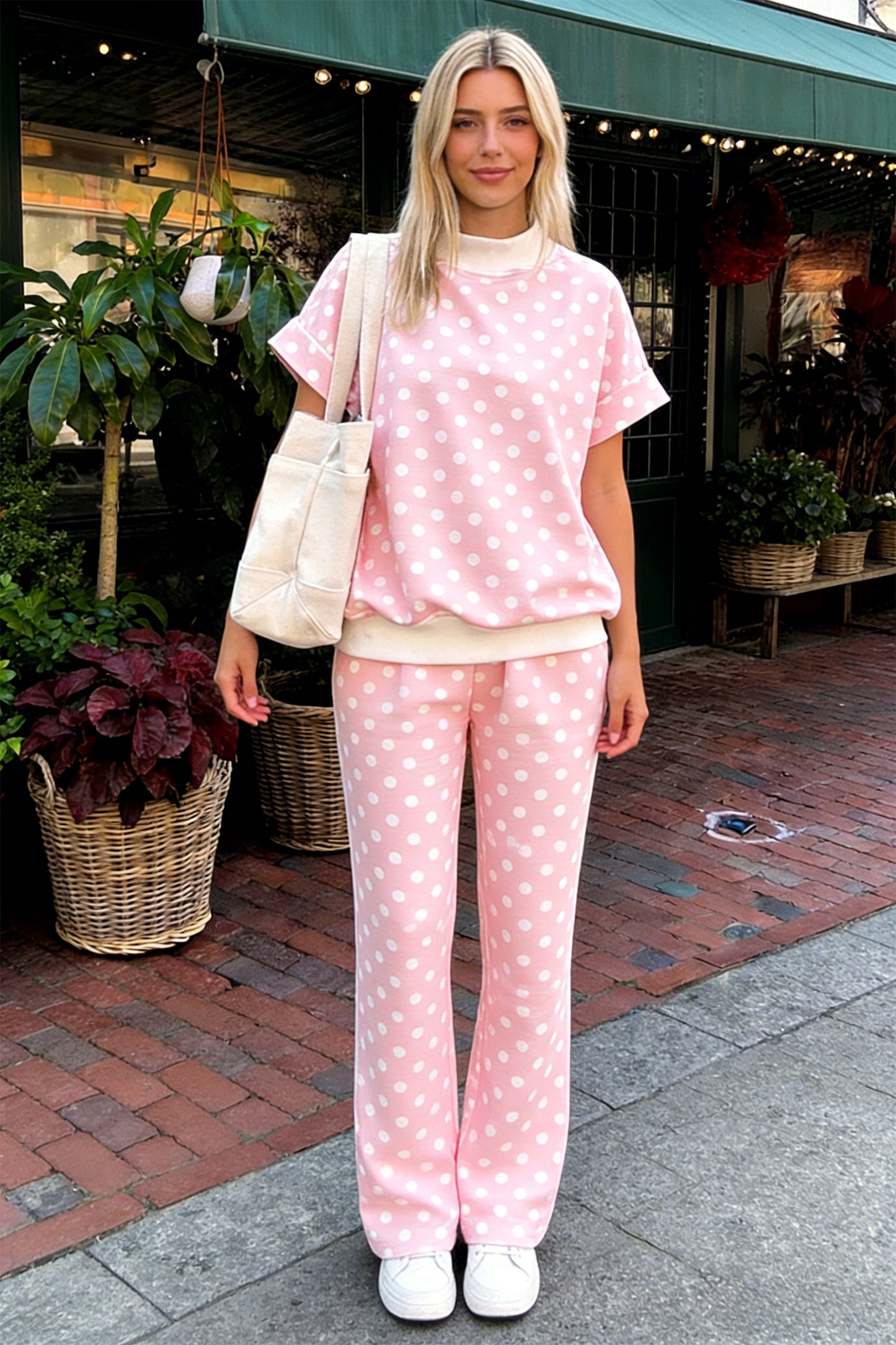 Polka Dot Print Mock Neck Short Sleeve Top Shift Pant Set