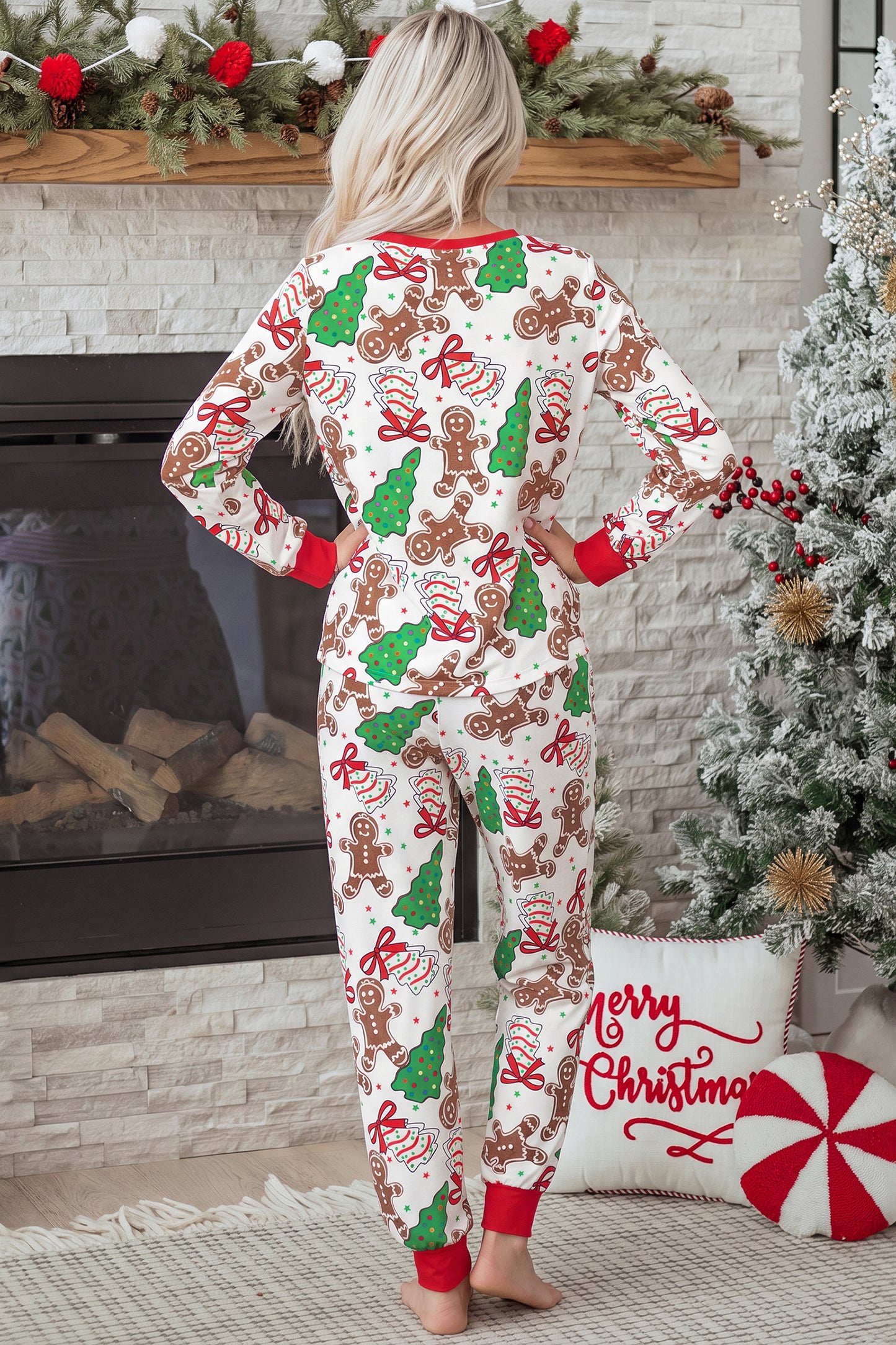Christmas Pattern Button V Neck Pullover Drawstring Pants 2pcs Lounge Set