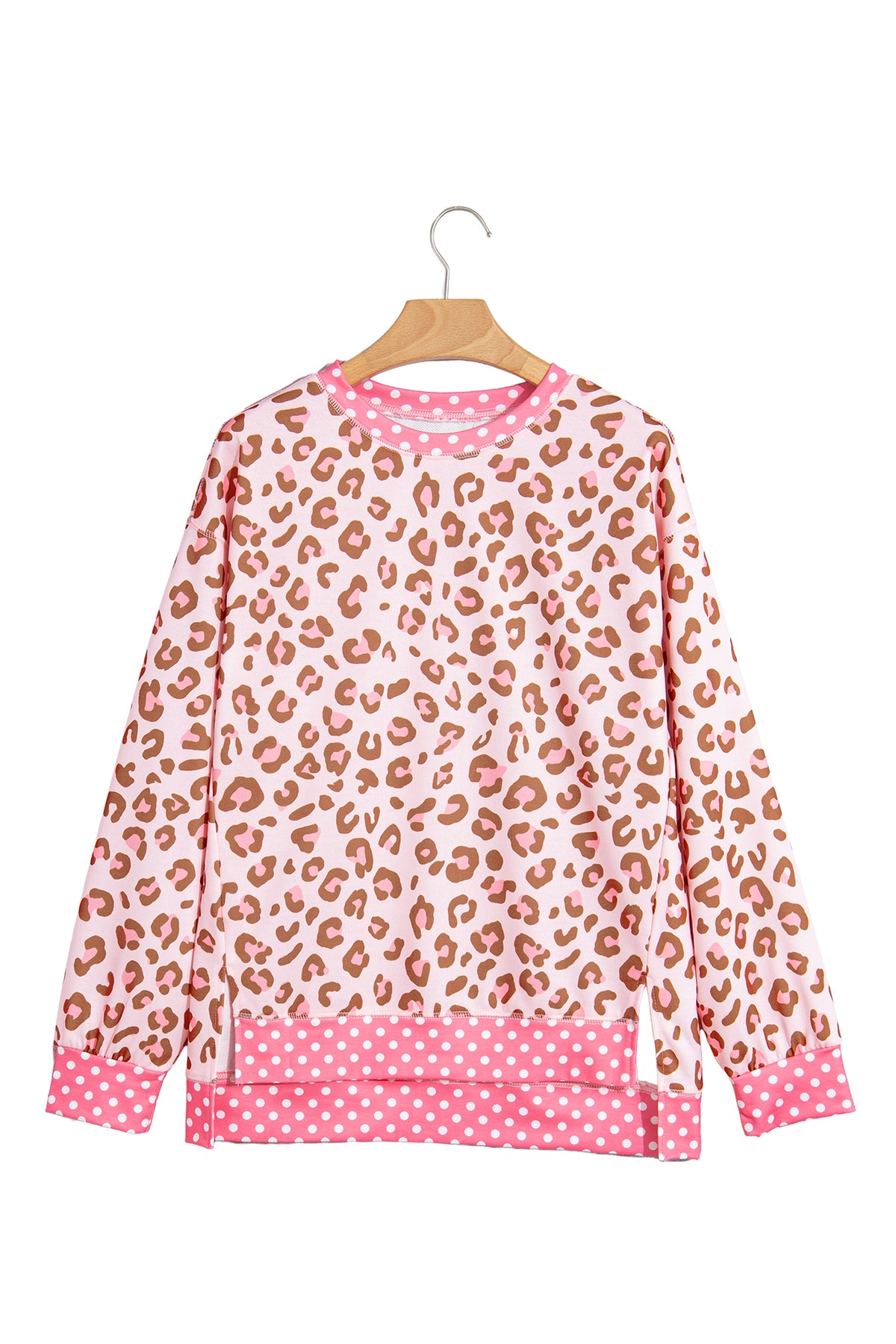 Leopard Polka Dot Colorblock Trim Long Sleeve Top
