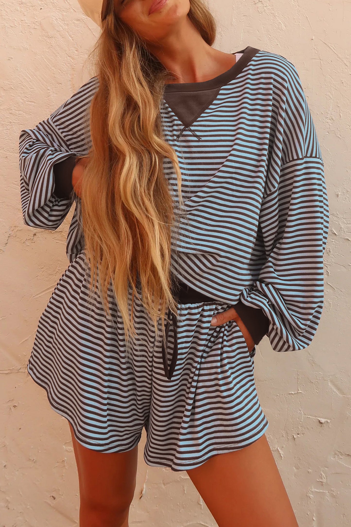 Stripe Oversized Long Sleeve Top Drawstring Loose Shorts 2pcs Set