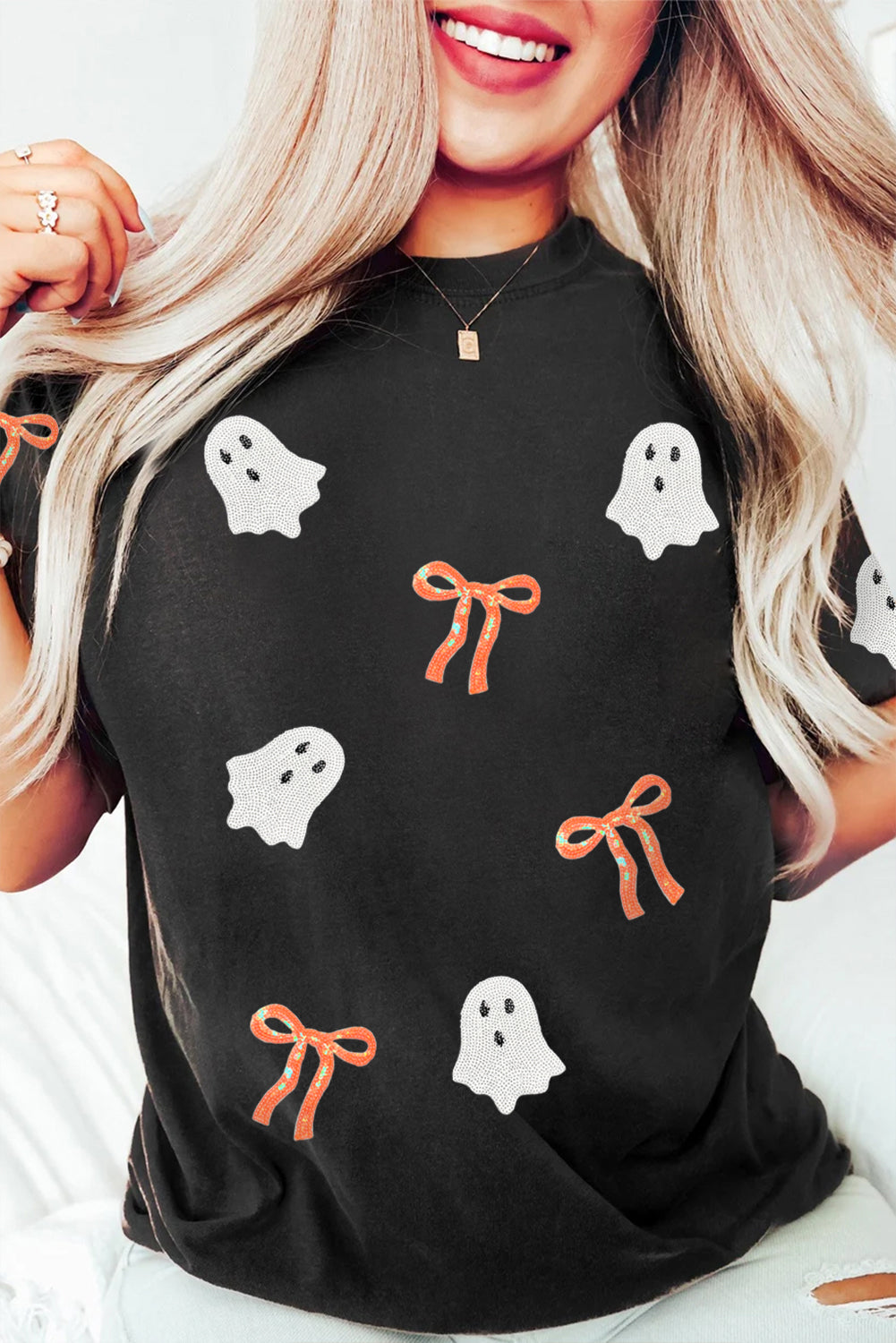 Sequin Bow Ghost Patched Halloween Graphic Tee