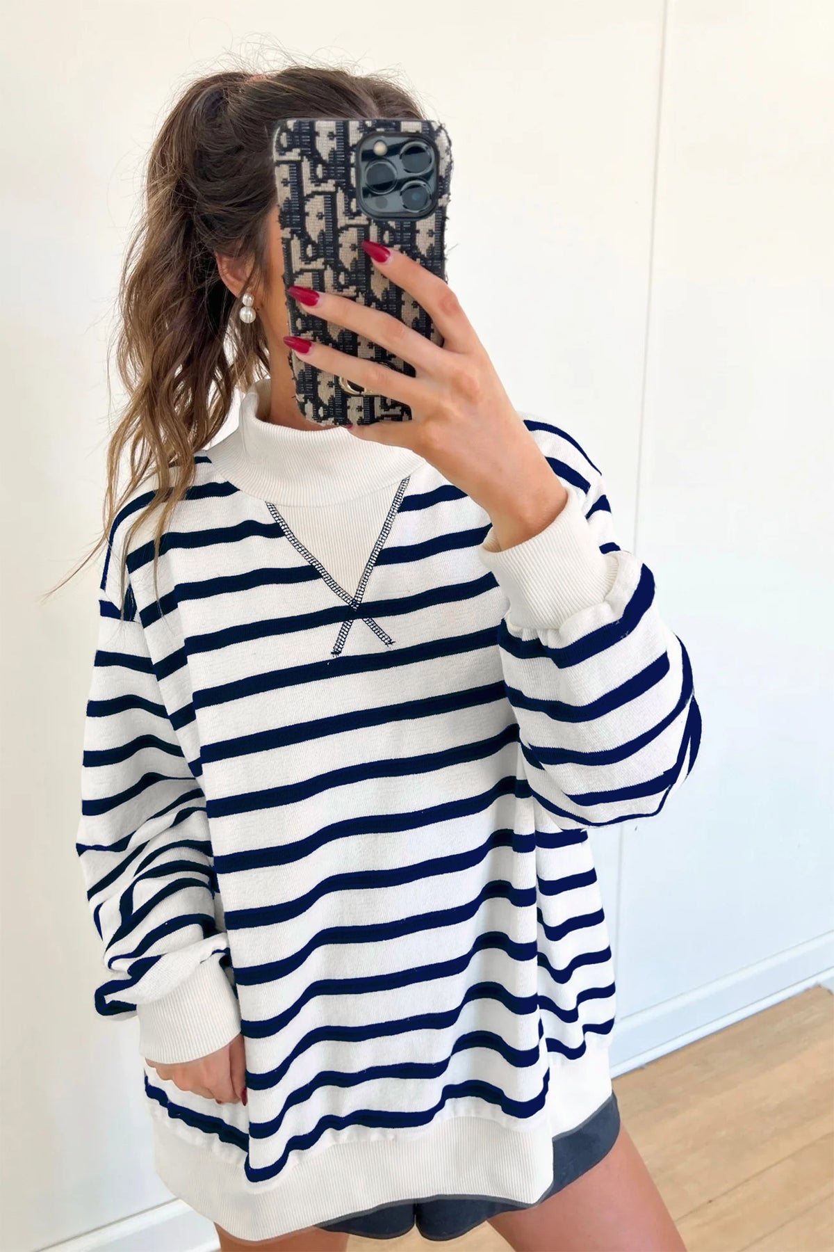 Stripe Striped Stand Neck Long Sleeve Ribbed Cuff Hem Sweatshirt