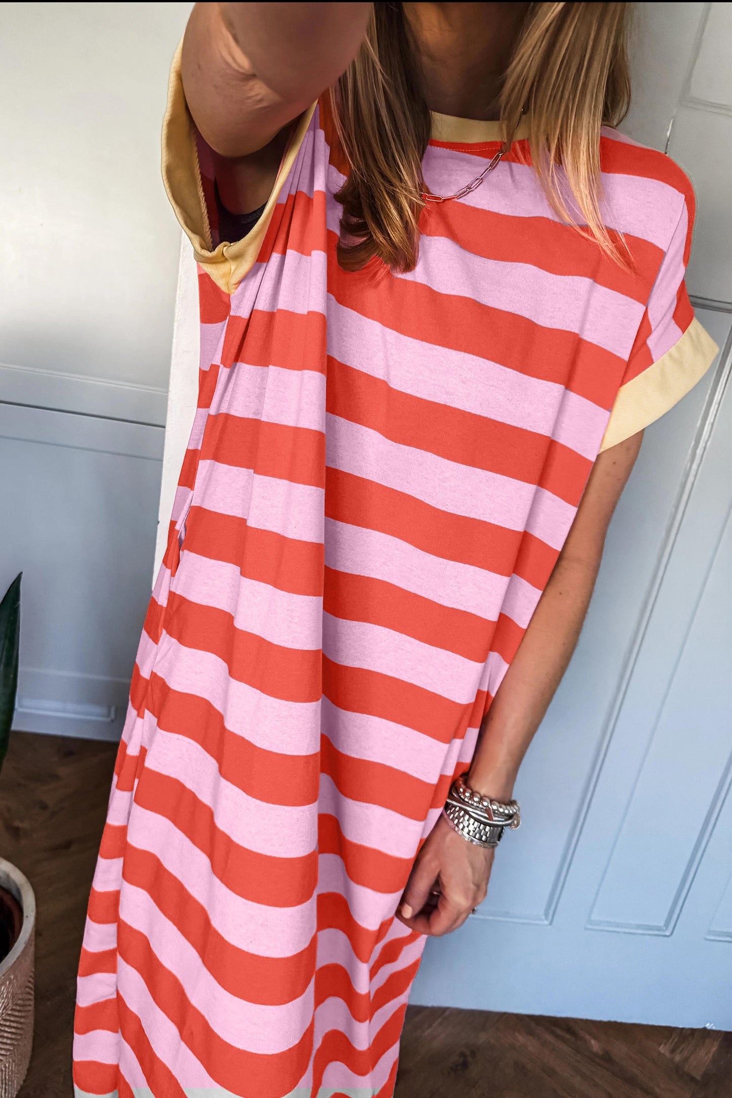 Stripe Cuffed Short Sleeve Pocketed Casual T Shirt Long Dress