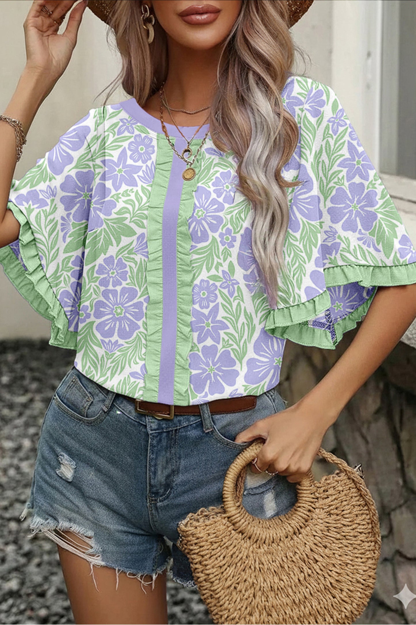 Floral Print Ruffled Color Block Trim Half Sleeve Blouse
