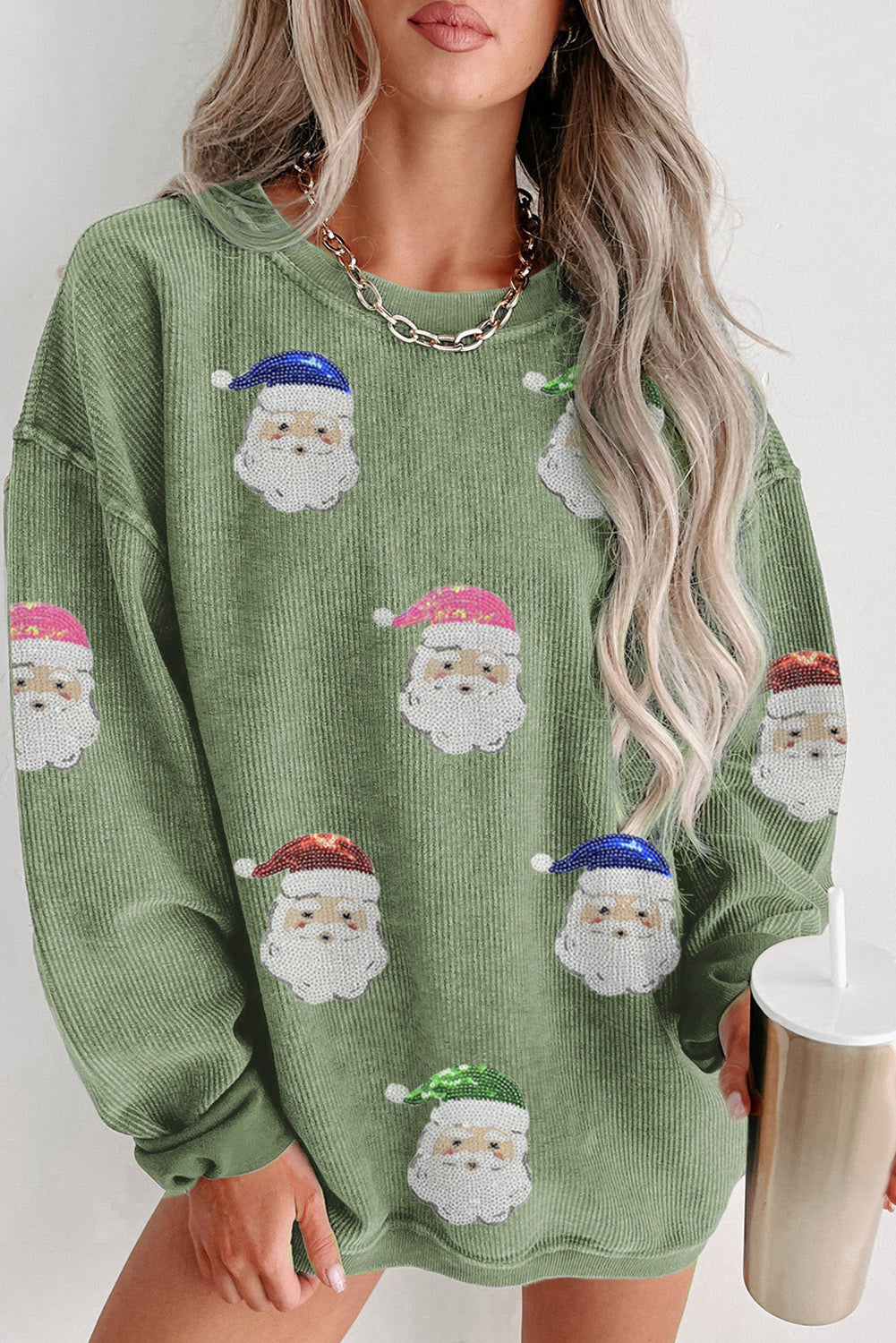Corded Ribbed Sequin Patched Santa Claus Graphic Sweatshirt