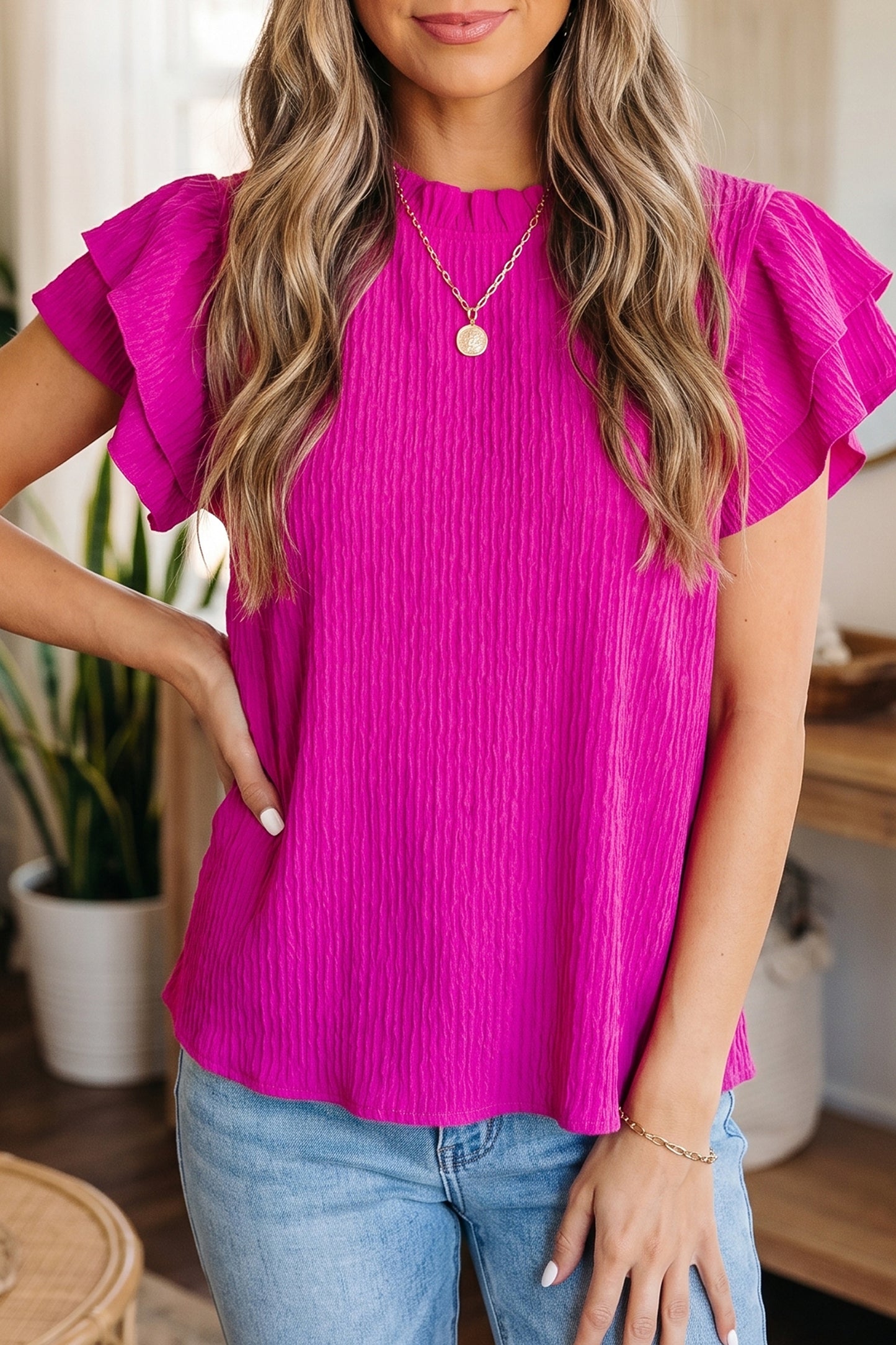 Textured Ruffle Trim Short Sleeve Blouse