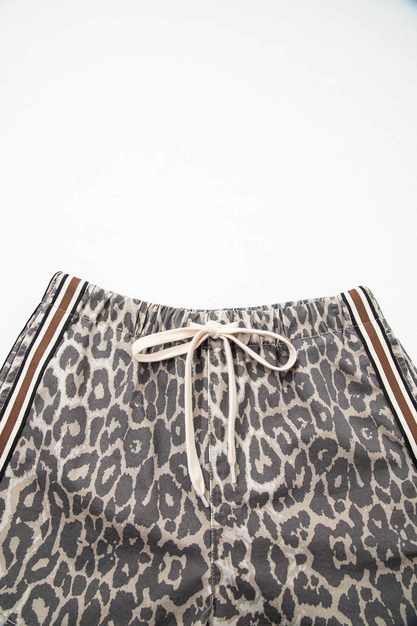 Leopard Pattern Striped Detail Drawstring Denim Shorts